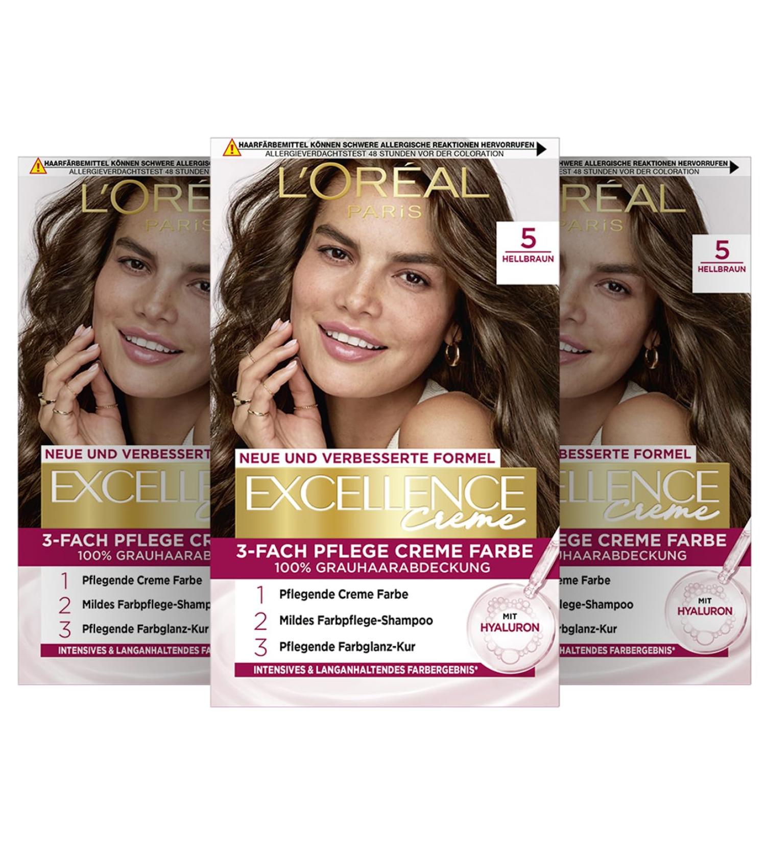 L'Or al Paris Excellence Cream Hair Color - 100% Gray Coverage 5 Light Brown - 3 x 268g Pack | International Shipping Available - Buy Online on GoSupps.com