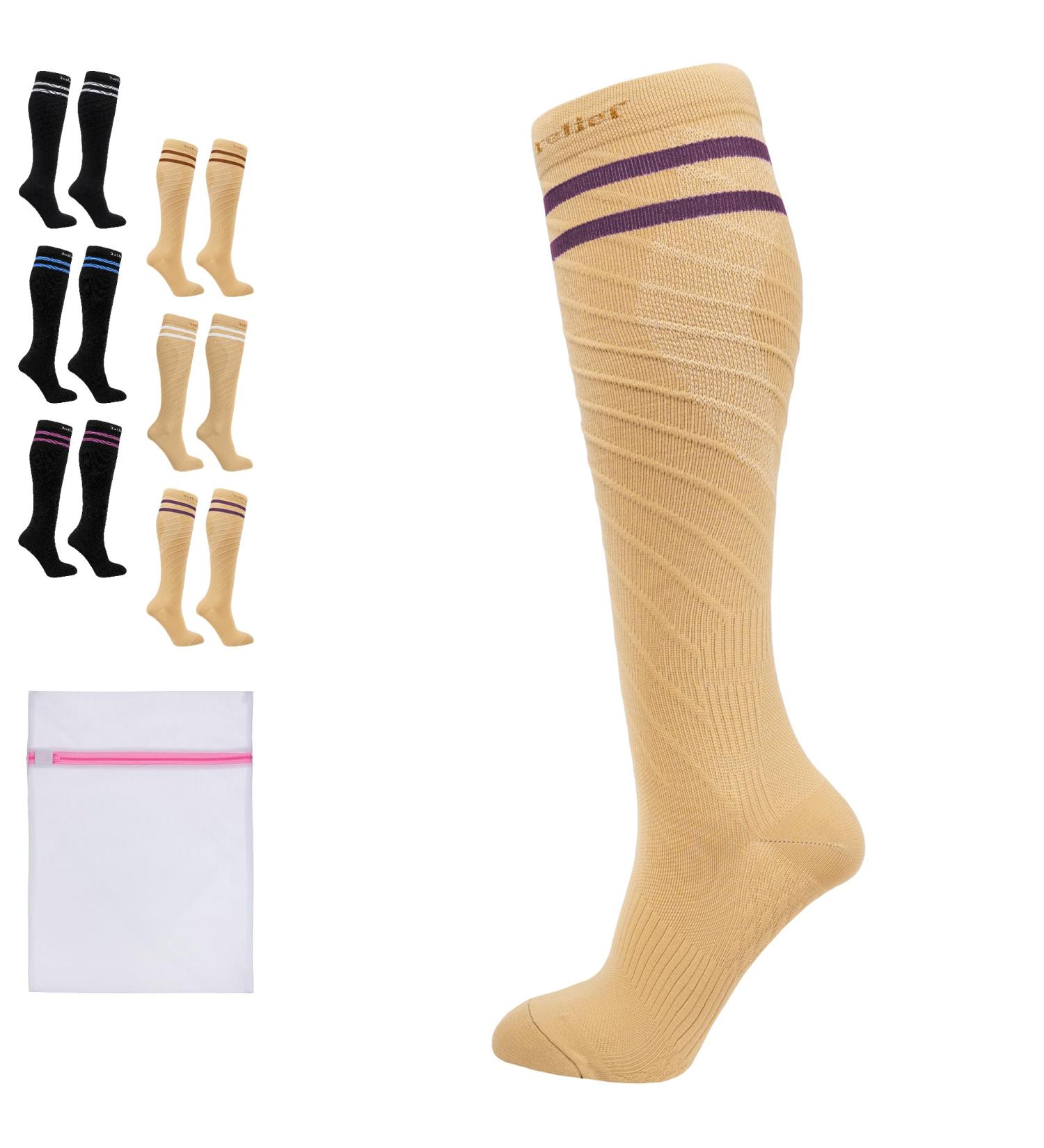 360 RELIEF - Flight Compression Socks Supports | Blood Circulation Travel Work XXL Beige with 2 Plum Purple lines - Buy Online on GoSupps.com