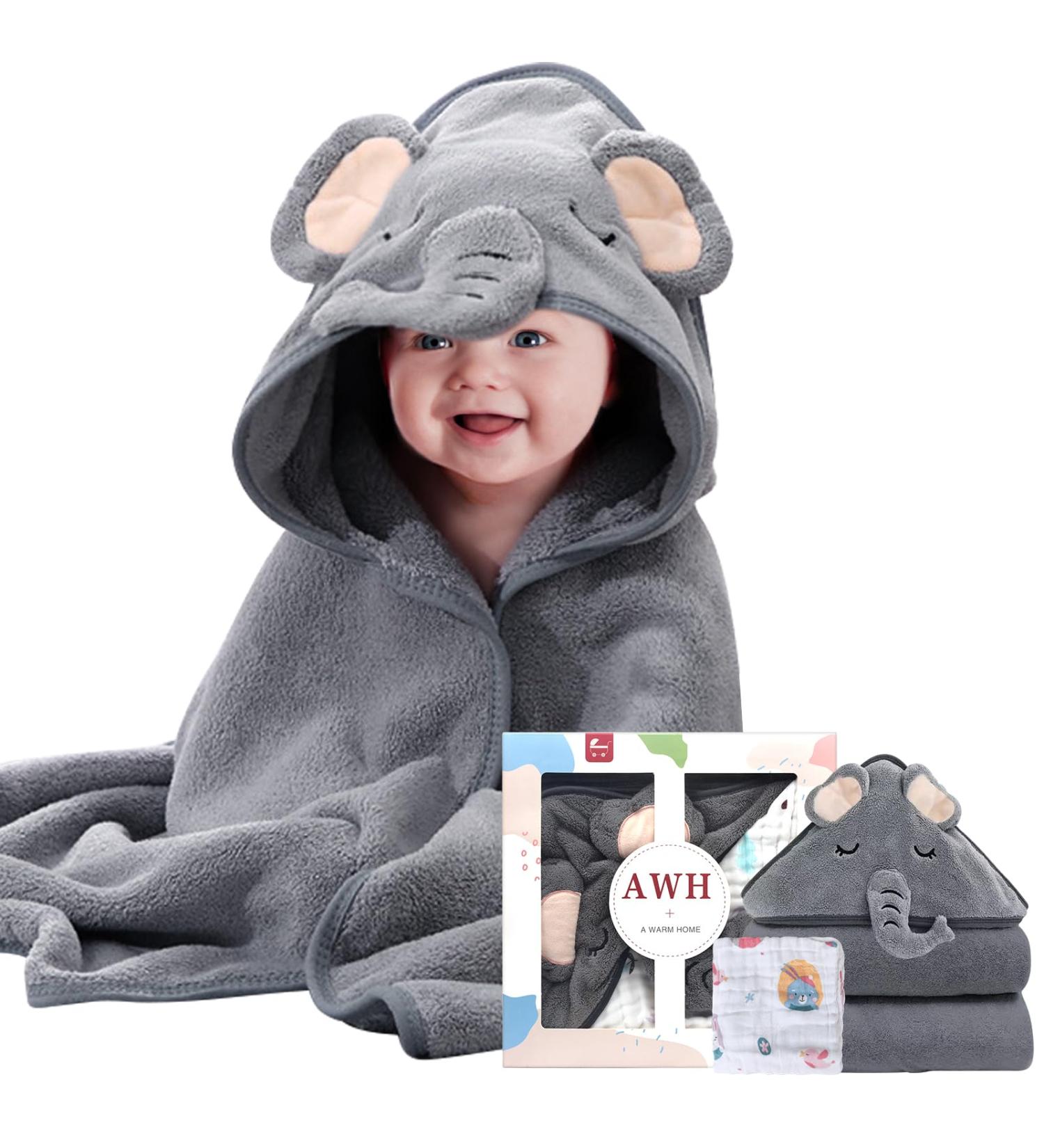 ZXK CO Hooded Baby Bath Towel with Elephant Hood | Absorbent Baby Towel & Flannels Blanket Set | Personalised Baby Gifts - Buy Online on GoSupps.com