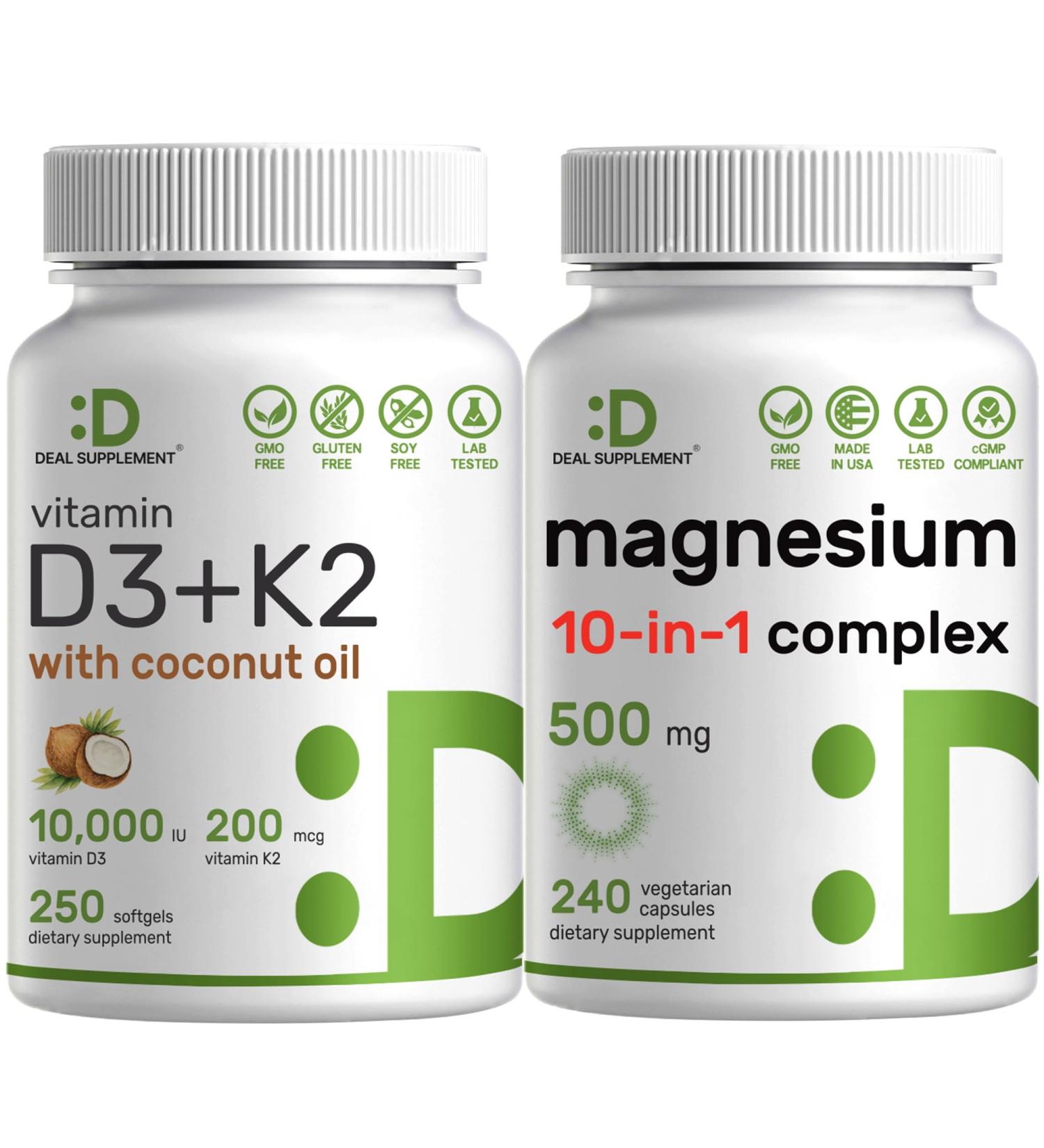 DEAL SUPPLEMENT Vitamin D3 10 000iu + K2 200mcg Softgels & Magnesium Complex Veggie Capsules Bundle Essential Sunshine Vitamins with Coconut Oil High Absorption Chelated Minerals 10-in-1 - Buy Online on GoSupps.com