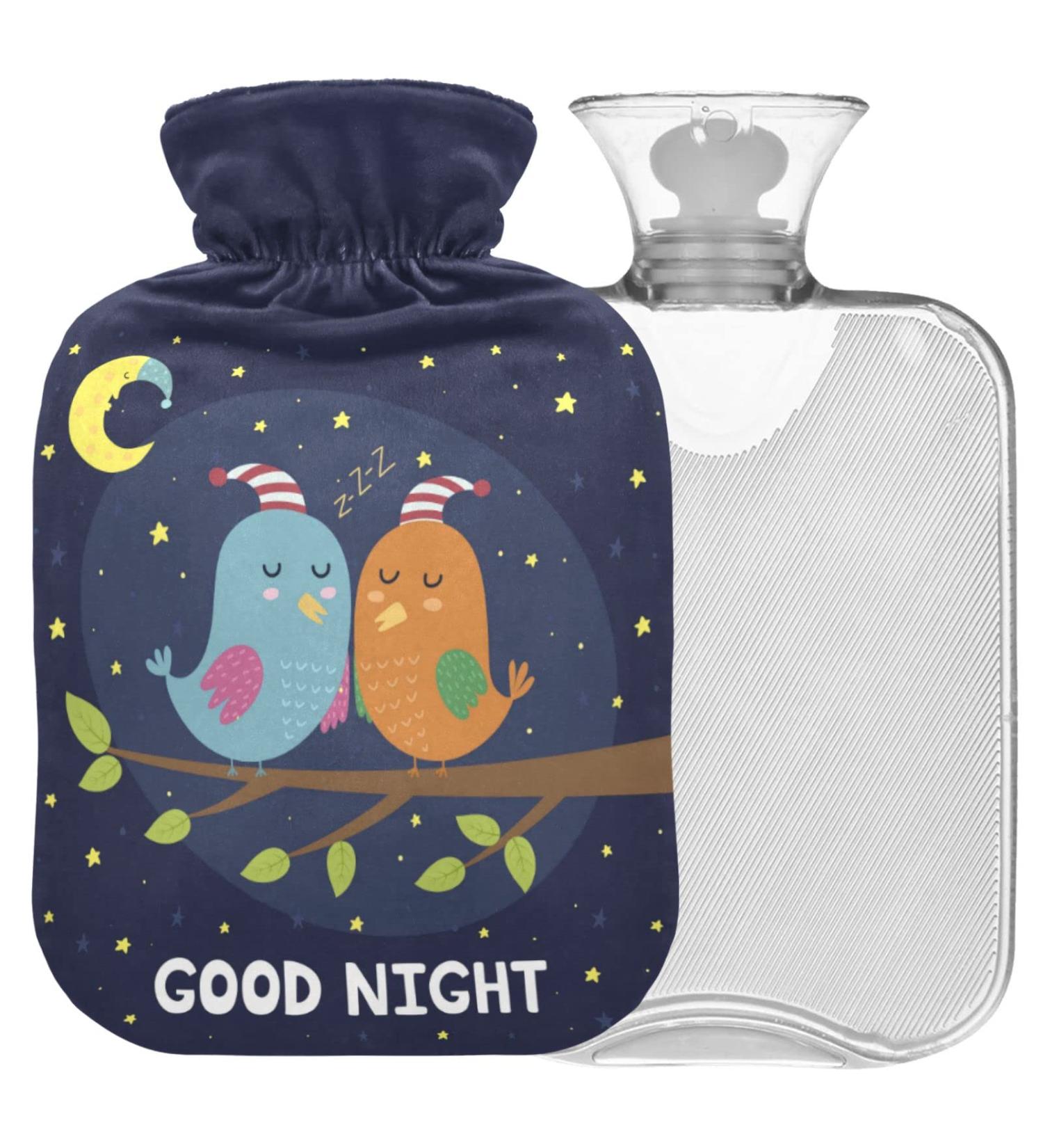 NAANLE Good Night Sleeping Birds Heat Bottle | 1L Transparent Hot Water Bottle for Bed | Hand & Foot Warmer | Pain Relief & Cold Therapy - Buy Online on GoSupps.com