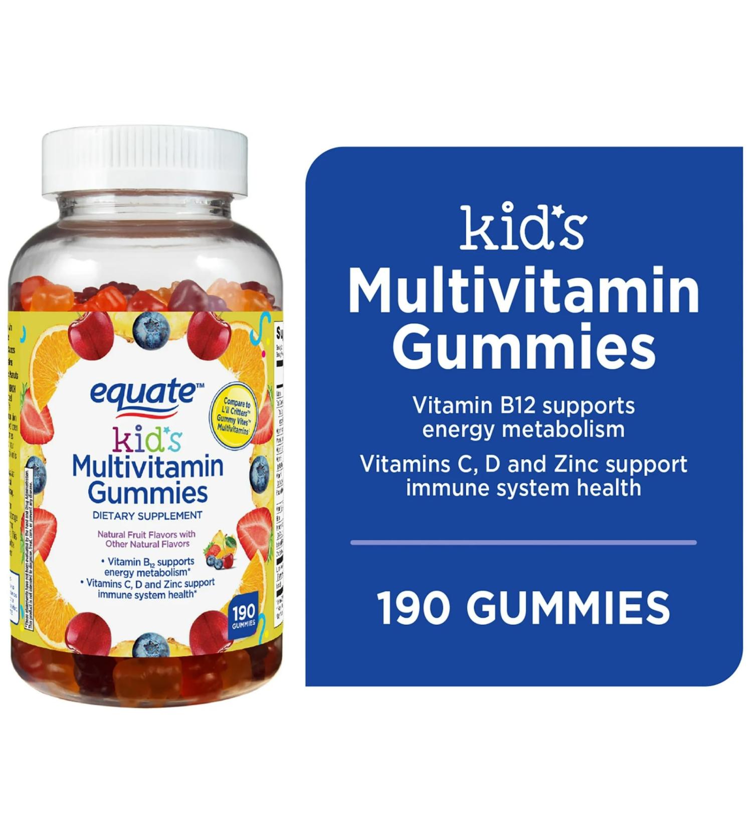 Generic Equate Kids Multivitamin Gummies for General Health Natural Fruit Flavors 70 Count Red/Orange/Purple/White