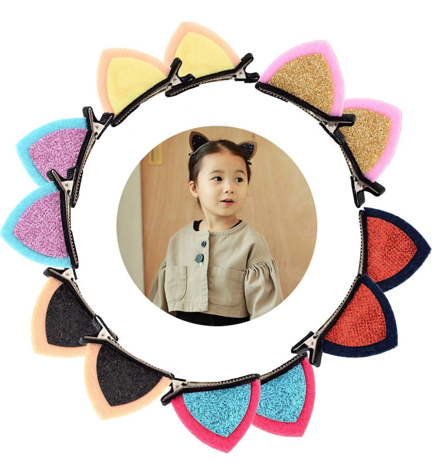 Glitter Cat Ear Hair Clips - 6 Pairs - Handmade Barrettes for Girls - Buy Online on GoSupps.com