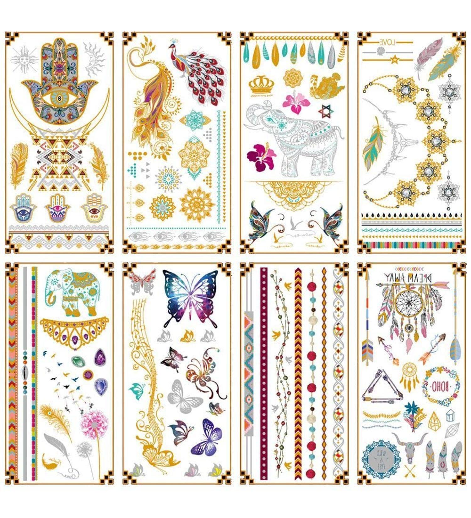 Kenzy Tattoo Stunning Metallic Temporary Tattoos - 100+ Designs of Glitter Shimmer Waterproof Fake Tattoos in Gold and Silver - Jewelry, Bracelets, Feathers, Flowers, Mandalas, Elephants - Long Lasting - Buy Online on GoSupps.com