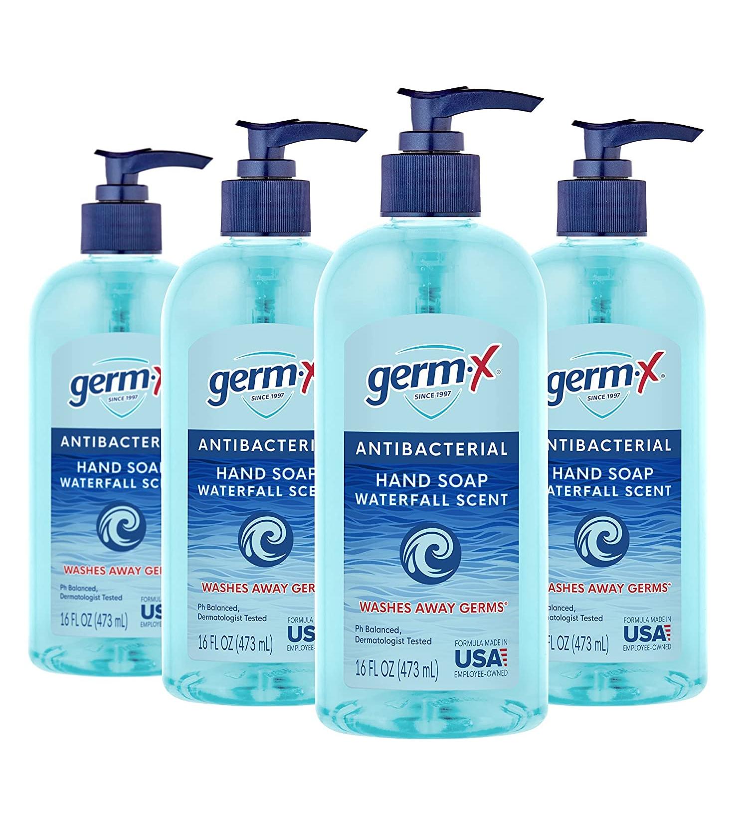 Germ-X Antibacterial Liquid Hand Soap Waterfall Scent 16 oz (Pack of 4) - pH Balanced, Dermatologist Tested - Clear Hand Wash for Kitchen or Bathroom - Back to School Supplies - Buy Online on GoSupps.com