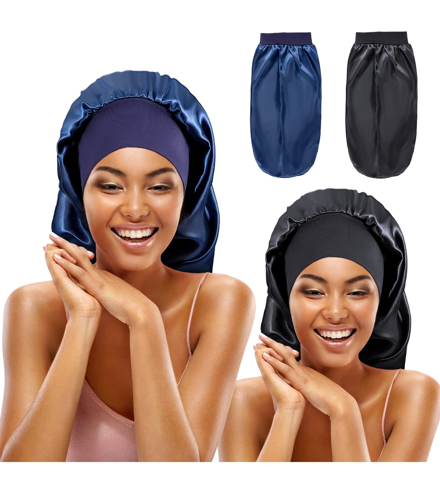 LIIBOT Long Silk-Satin Bonnet for Women - 2 PCS Large Night Cap for Curly Dreadlock Braid Hair (Black & Blue) - Buy Online on GoSupps.com