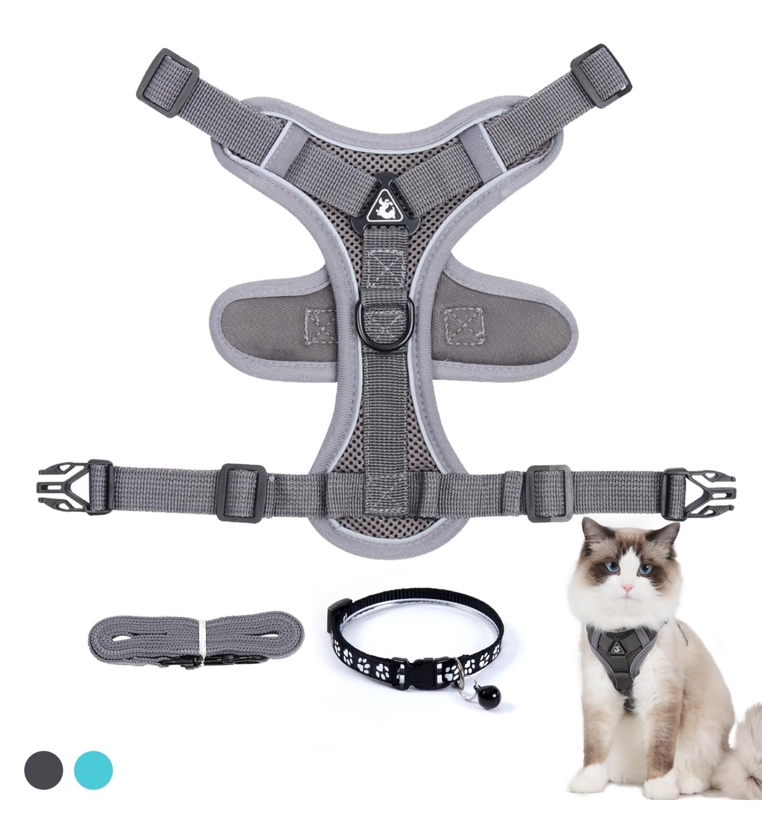 Fineasy Adjustable Cat Dishes & Leash Set - Outbreak-Proof Harness for Cats & Kittens - Gray Medium - Buy Online on GoSupps.com