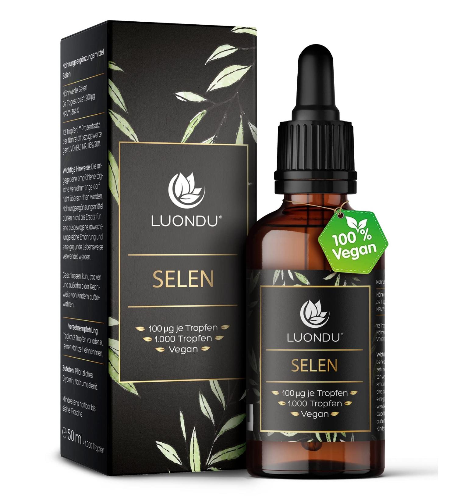 Luondu Selenium Drops 200 g - High Dose 50ml Vegan Liquid Supplement | 100 g Selenium per Drop | Highest Bioactivity Sodium Selenite - International Shipping - Buy Online on GoSupps.com