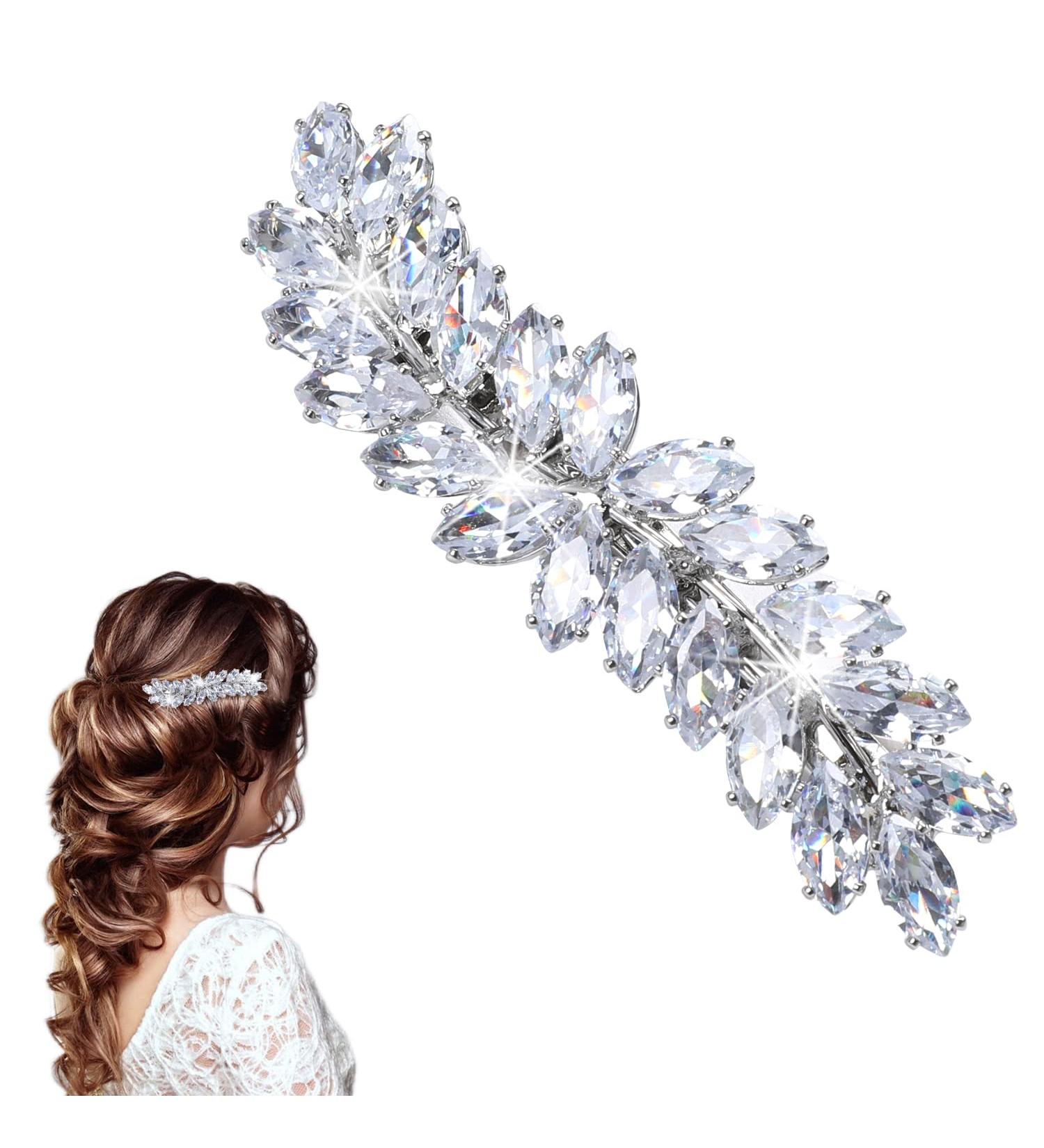 Sparkly Rhinestone Hair Clip - Crystal Hair Barrette for Women - Wedding Bridal Hairpin - Flower Leaf Design - Silver - Buy Online on GoSupps.com