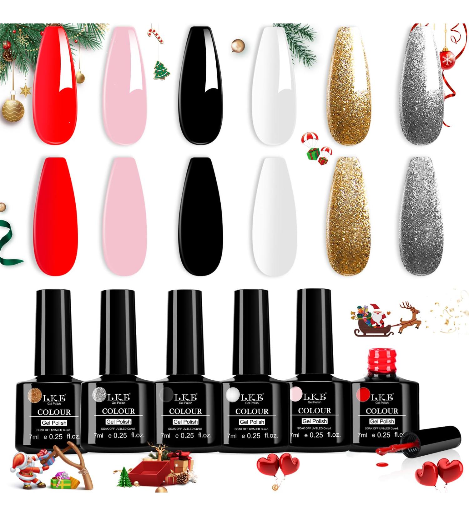 LKE Gel Nail Polish Set - 6 Colors for All Seasons | White Black Red Pink Gold & Silver Glitter | Soak Off UV/LED Nail Kit for Home & Salon Manicure - Buy Online on GoSupps.com