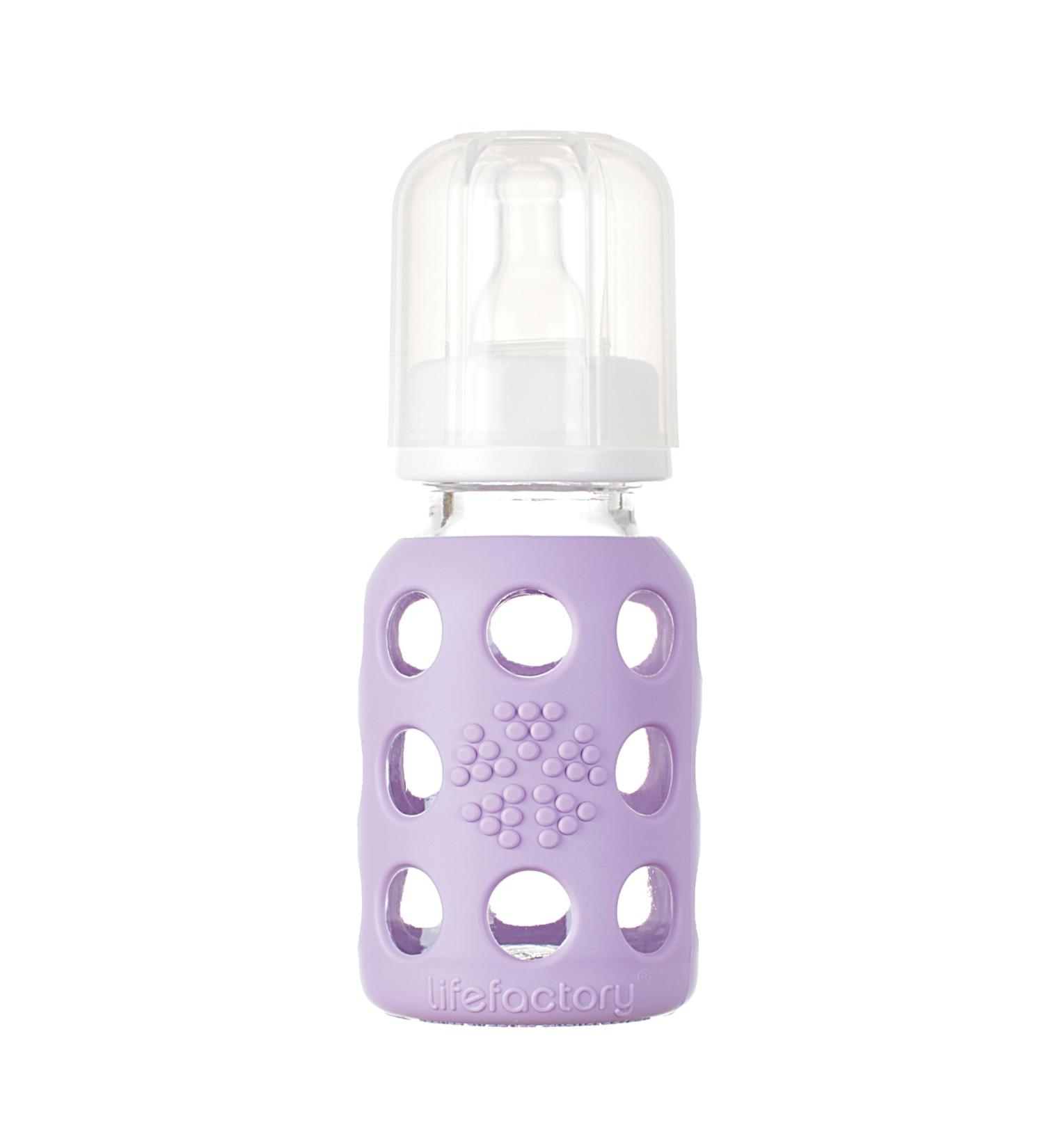 Lifefactory 4oz Glass Baby Bottle with Silicone Sleeve, Stage 1 Nipple - BPA-Free, Lilac - Buy Online on GoSupps.com