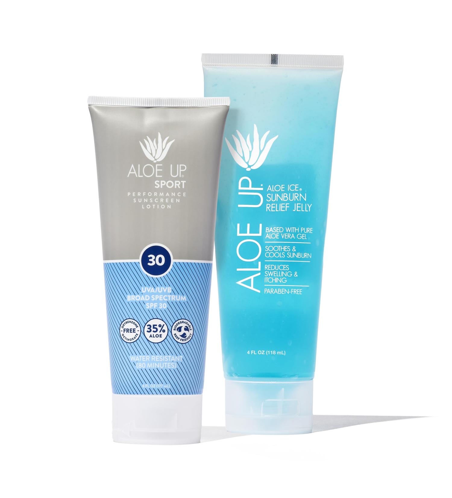 ALOE UP Sport Sunscreen Lotion SPF 30 and Aloe Ice Sunburn Relief Jelly - Bundle with Sunscreen Protector for Face and Body and After Sun Gel - With Pure Aloe Vera Gel - Reef Friendly - 2 Items - Buy Online on GoSupps.com