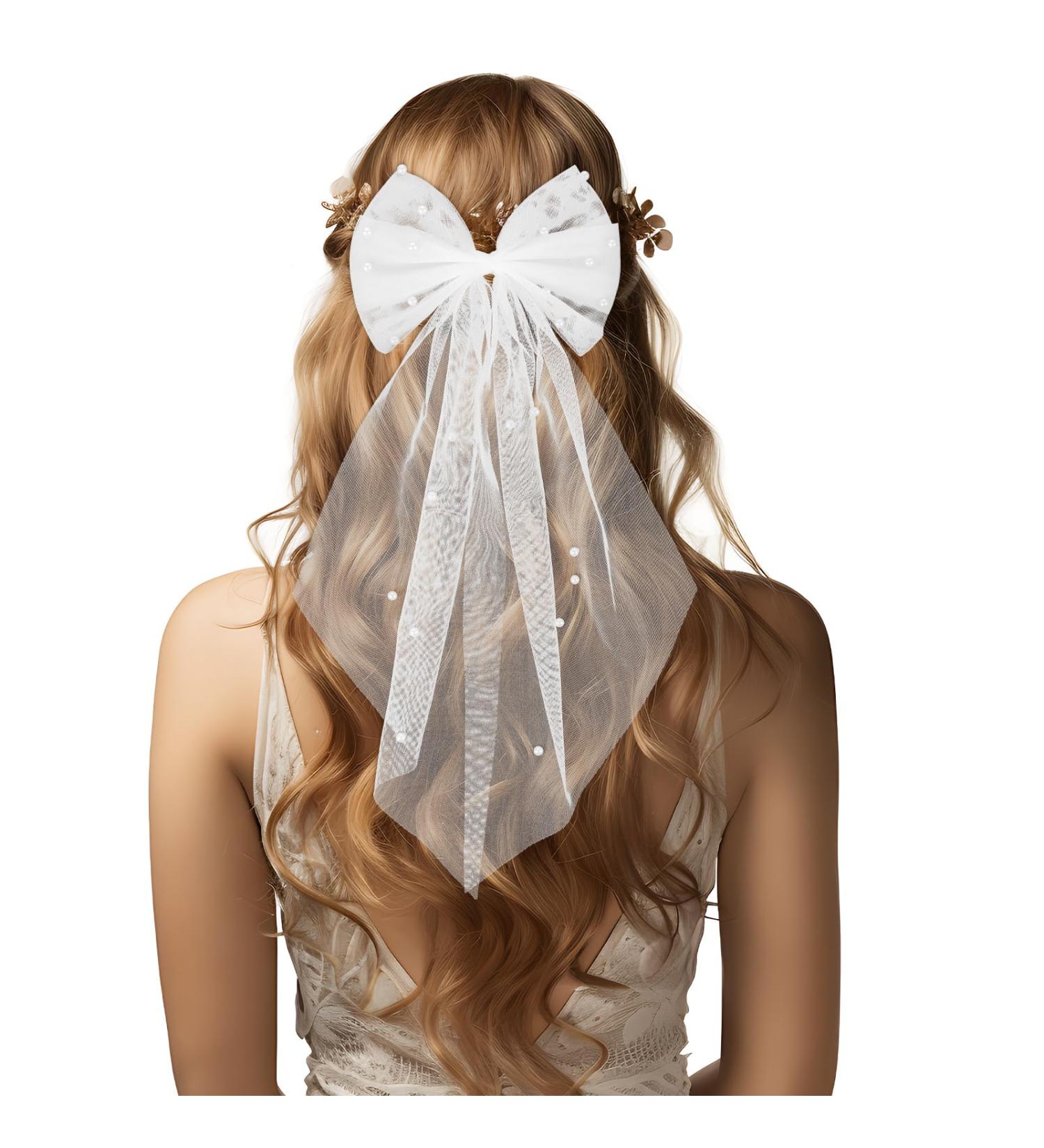 Prasacco Bridal Veil Pearl Hair Bow White Tulle Bow with Clip Wedding Veil with Pearl Elegant Tulle Layer Hair Clip Bachelorette Party Veil Hair Accessories for Wedding Bachelorette Party Women Girls - Buy Online on GoSupps.com
