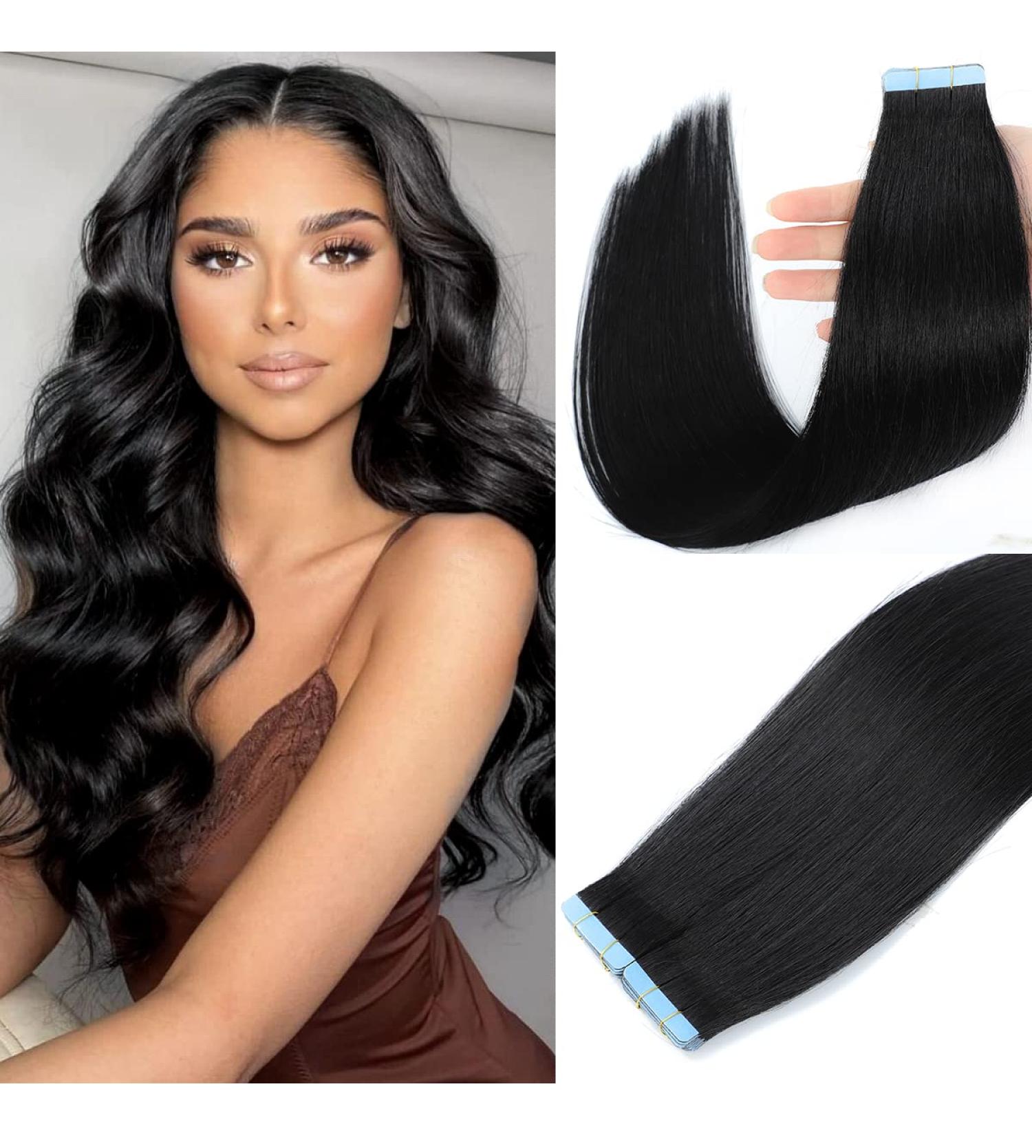 18 Tape in Human Hair Extensions - 100% Real Remy Brazilian Virgin Hair, Seamless Skin Weft, 20pcs/Set, 50g - #1 Jet Black - Buy Online on GoSupps.com