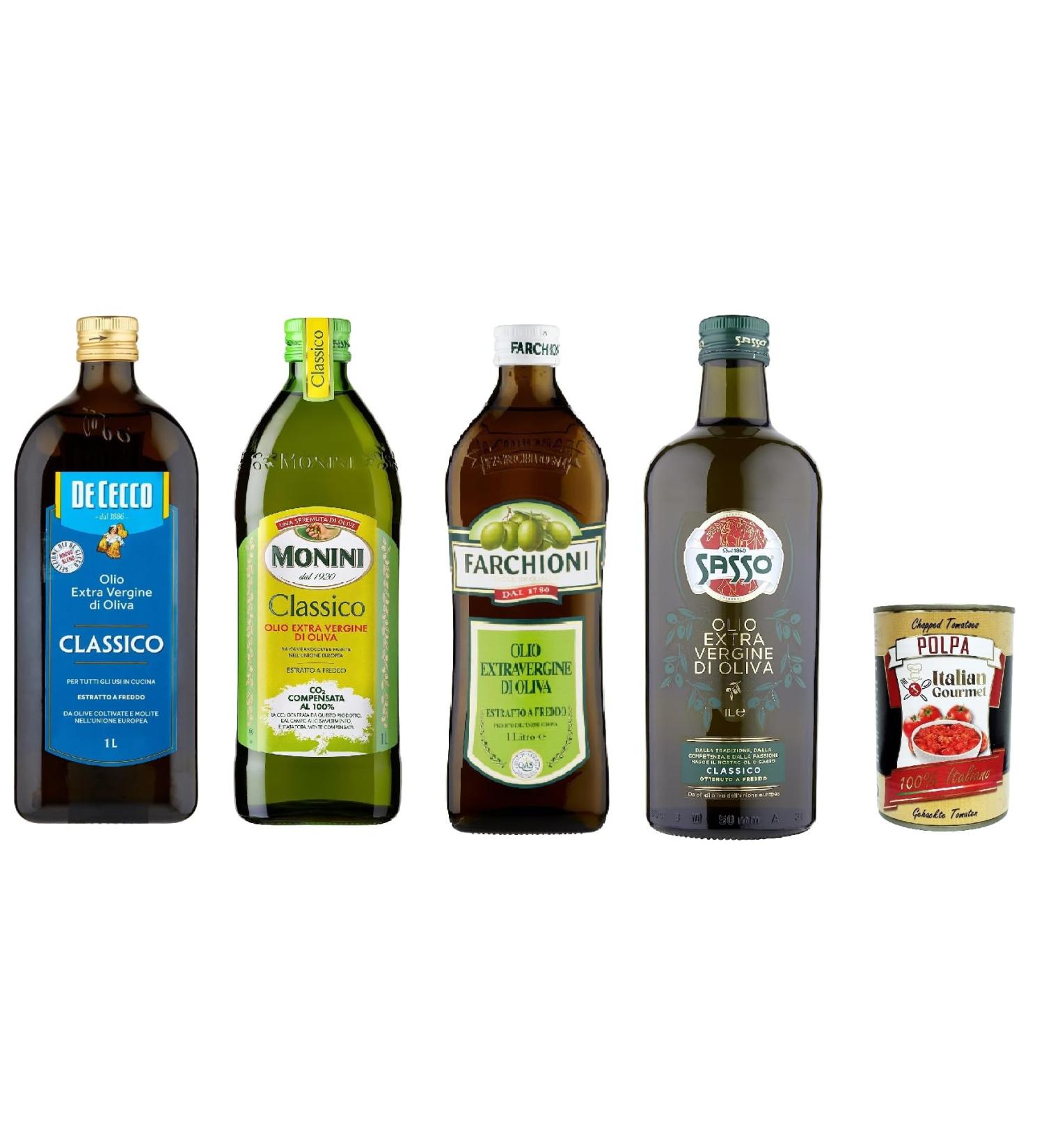  Italian Gourmet E.R. Test kit De Cecco Monini Sasso Farchioni Olio Extra vierge d'oliva Huile d'olive vierge 1 l 100 % italien + polpa Gourmet italienne 400 g - Buy Online on GoSupps.com
