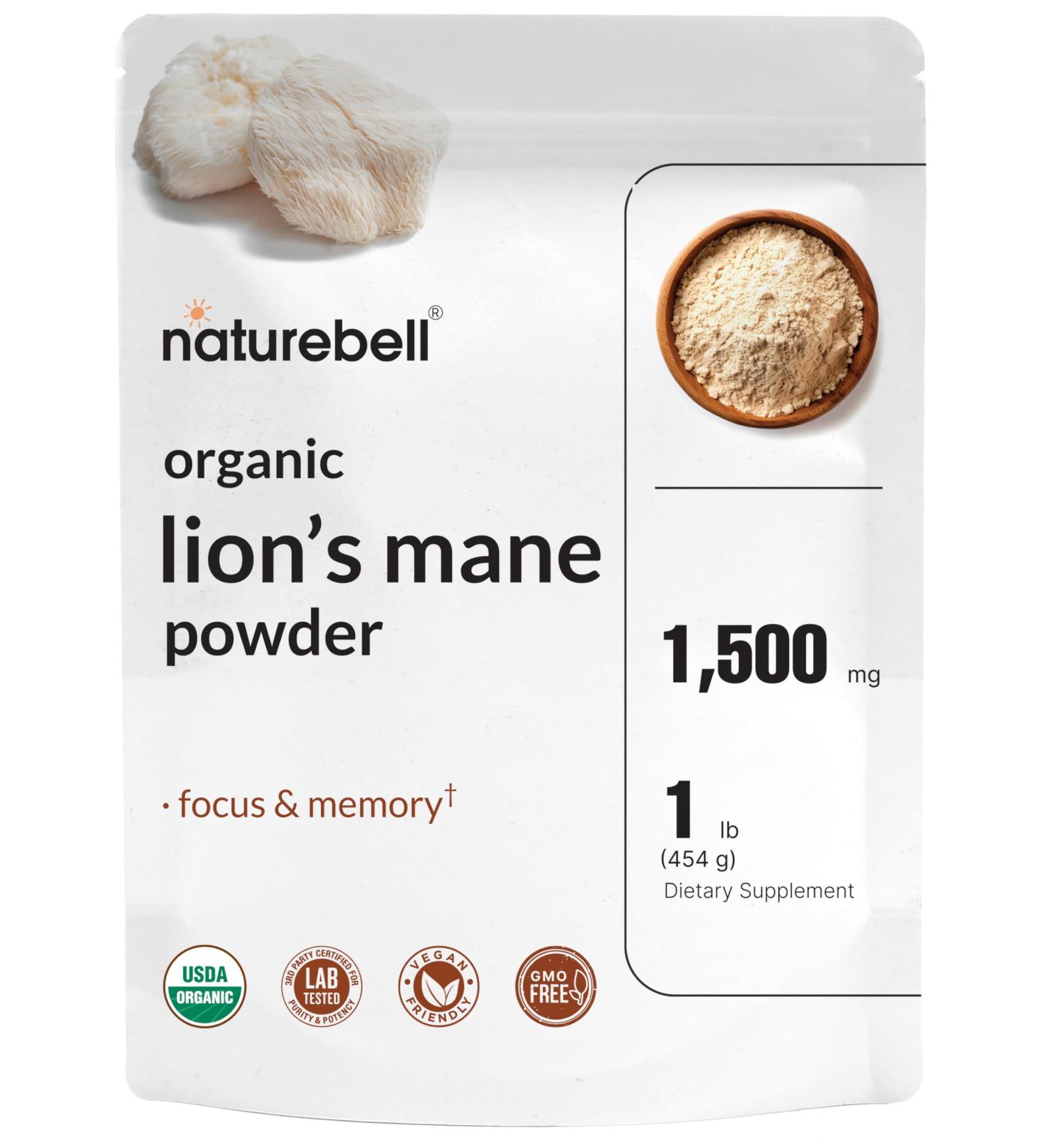 NatureBell Organic Lions Mane Powder 1,500mg Per Serving 1lb | Whole Fruiting Body & Mycelium Mushroom Source Focus Memory & Immune Health Supplement Non-GMO Vegan - Buy Online on GoSupps.com