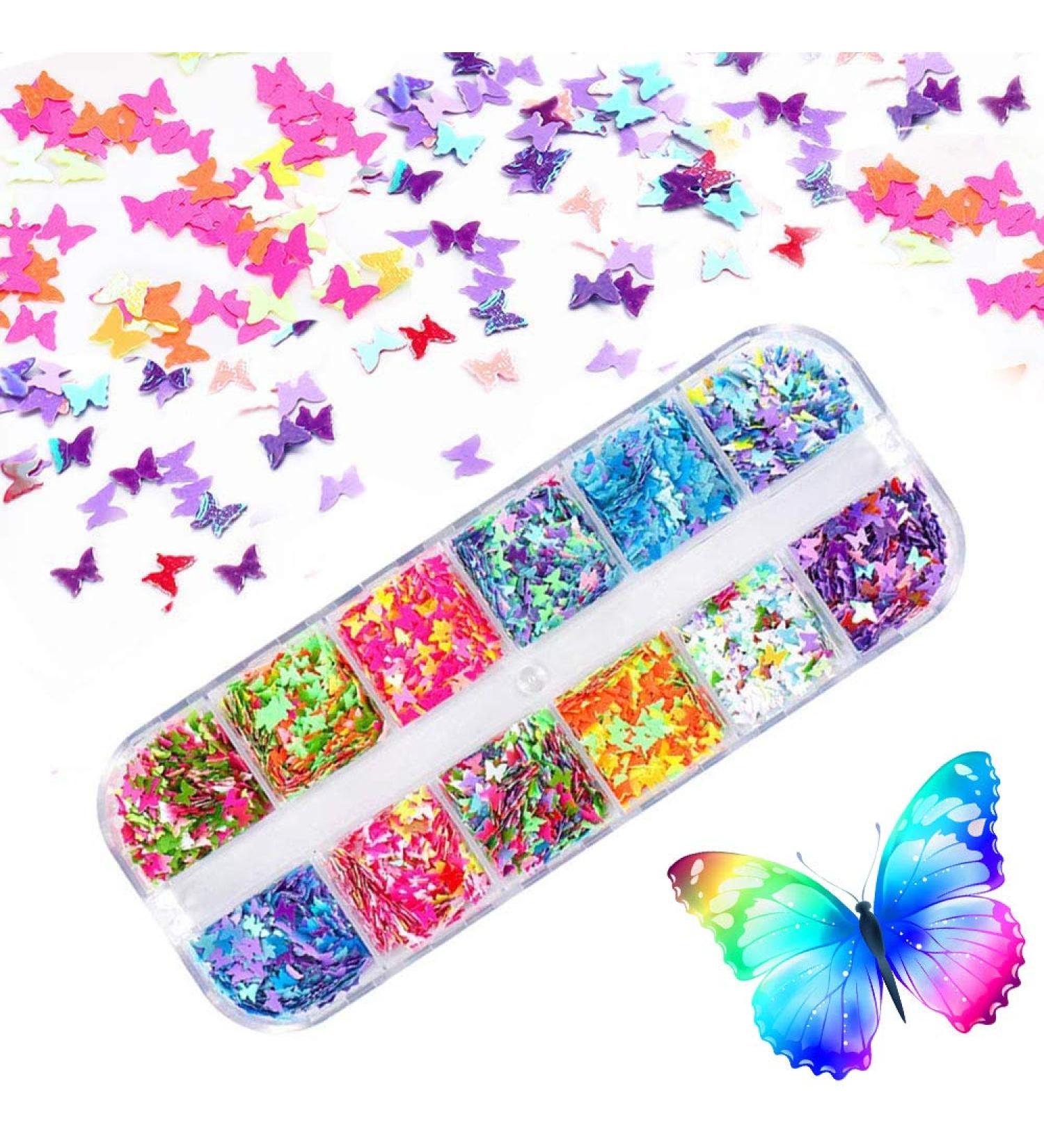 Kalolary 12 Color Butterfly Glitter Nail Art Chunky Sequin Flakes & 3D Stickers for Stunning Manicures - Buy Online on GoSupps.com