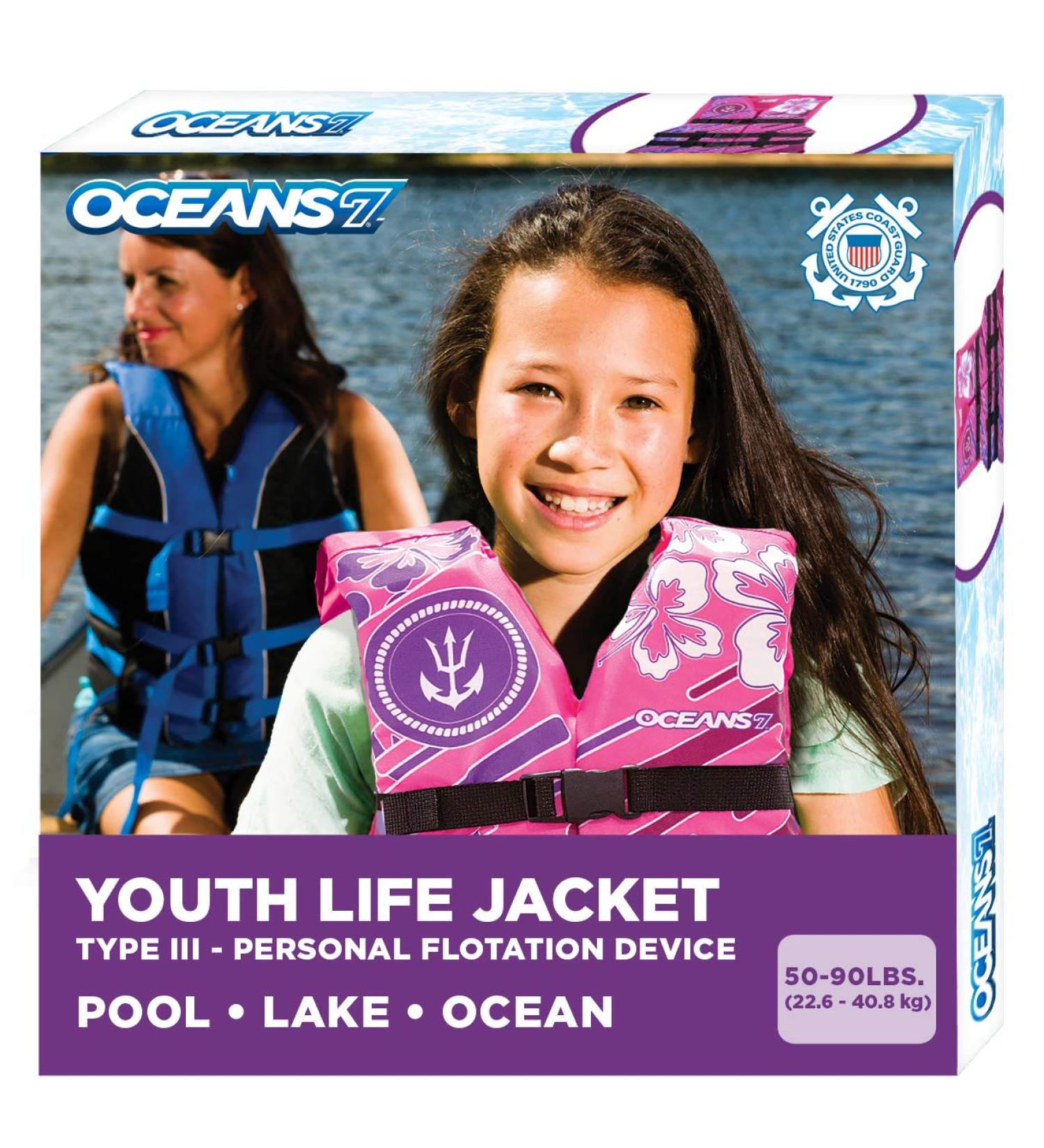Oceans7 US Coast Guard-Approved Youth Life Jacket 50-90 lbs | Type III PFD Pink/Berry - Buy Online on GoSupps.com