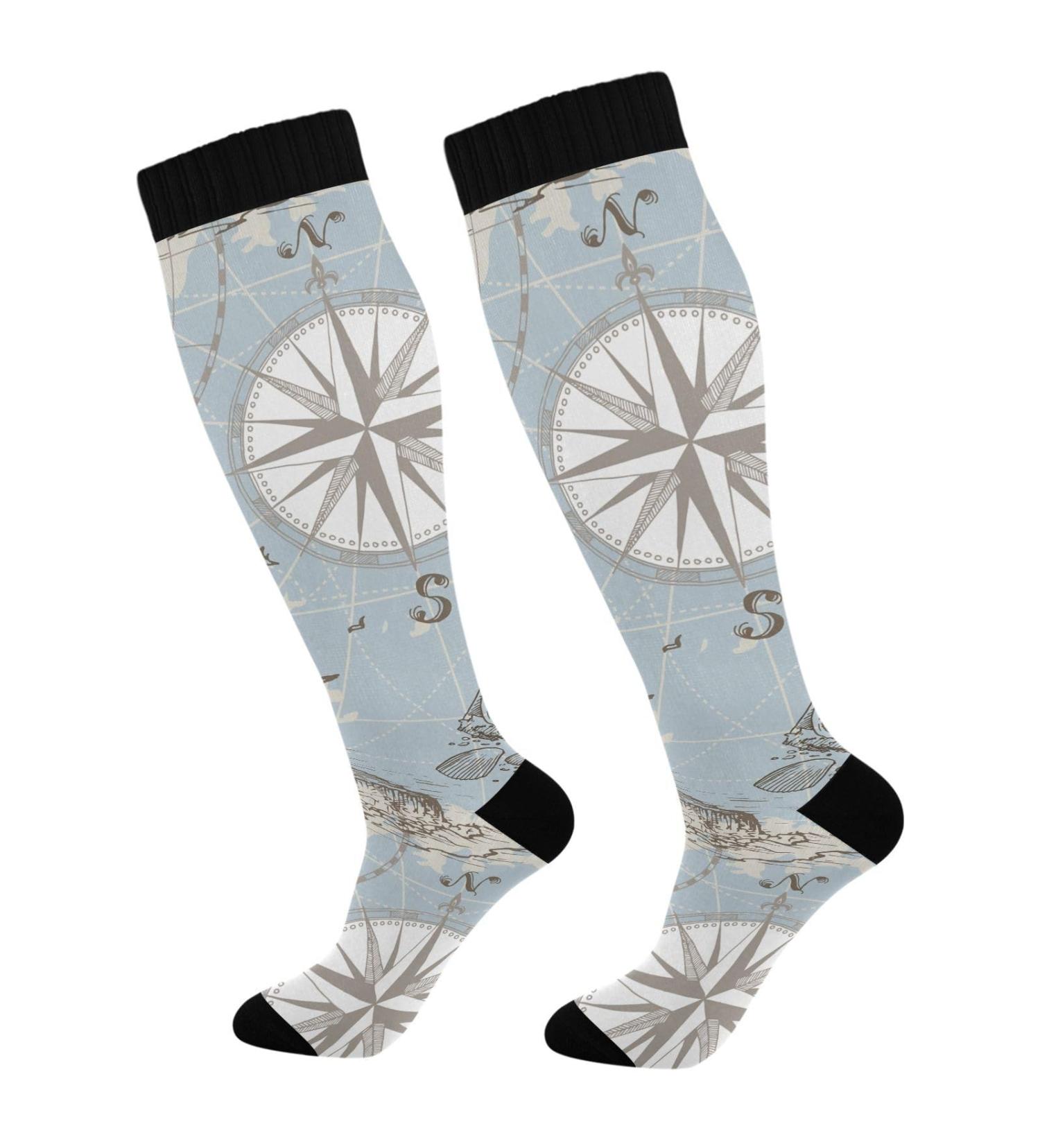 Haskirky High Elasticity Compression Socks - 2 Pairs, Adult Universal Knee High Socks for Leisure, Fatigue Relief, Travel, and Running - Compass, Lighthouse, Anchor, Seashells Design - Buy Online on GoSupps.com