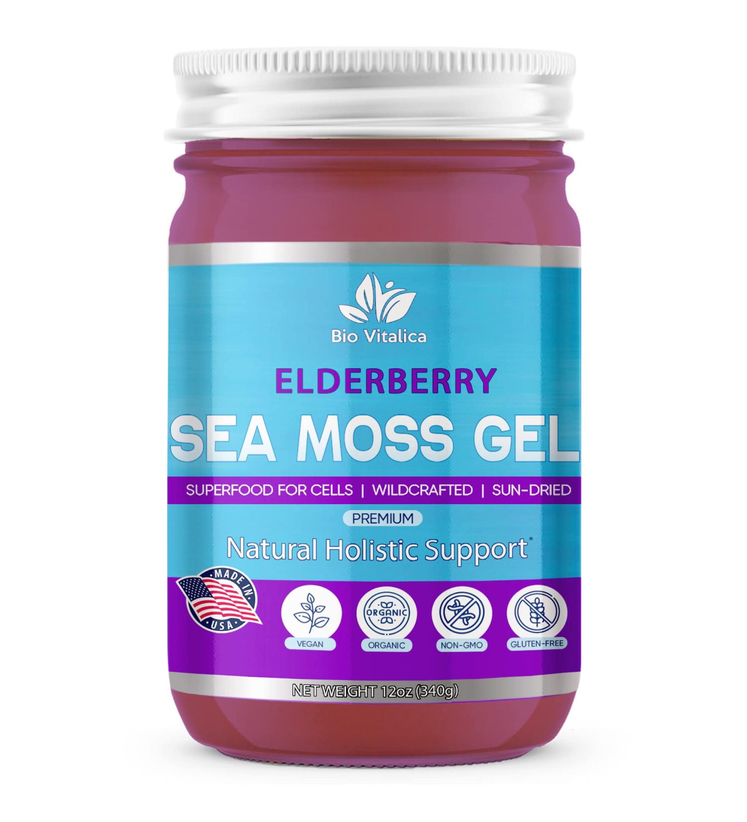 BioVitalica Sea Moss Gel - Raw Organic Irish Sea Moss - Dr Sebi Vegan Superfood - 100% Natural Elderberry Infused Gel - Premium Quality (12 Fl Oz) - Buy Online on GoSupps.com