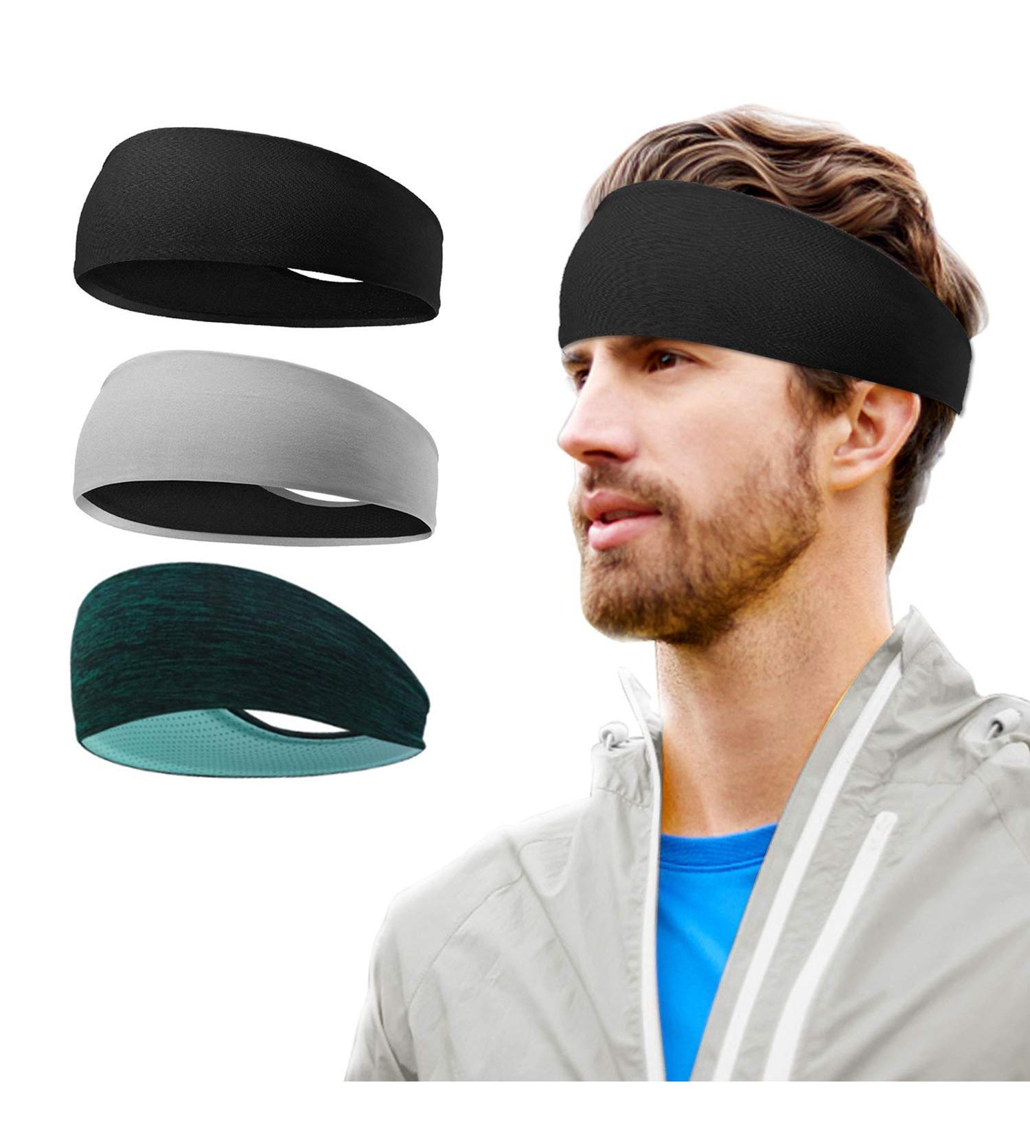 Anti-Slide Moisture Wicking Sports Hair Bands for Men & Women - 3 Pack (Black Gray Green) - Ideal for Jogging Running Cycling Yoga & Hiking - Buy Online on GoSupps.com