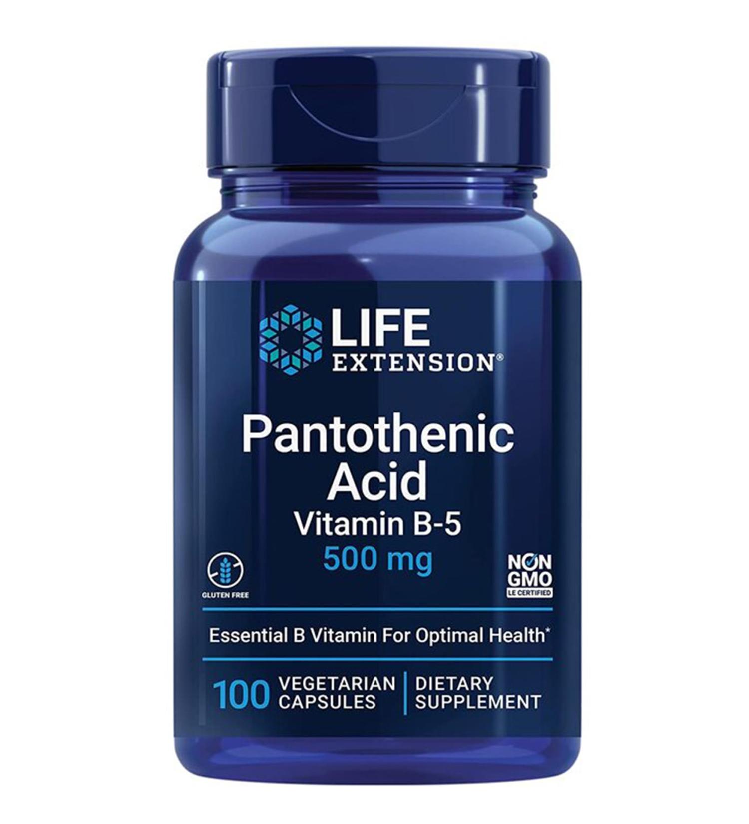 Life Extension Pantothenic Acid 500mg - High Dose Vitamin B5 - 100 Vegan Capsules - Lab Tested - Gluten Free, Vegetarian, Soya Free, GMO Free - Buy Online on GoSupps.com