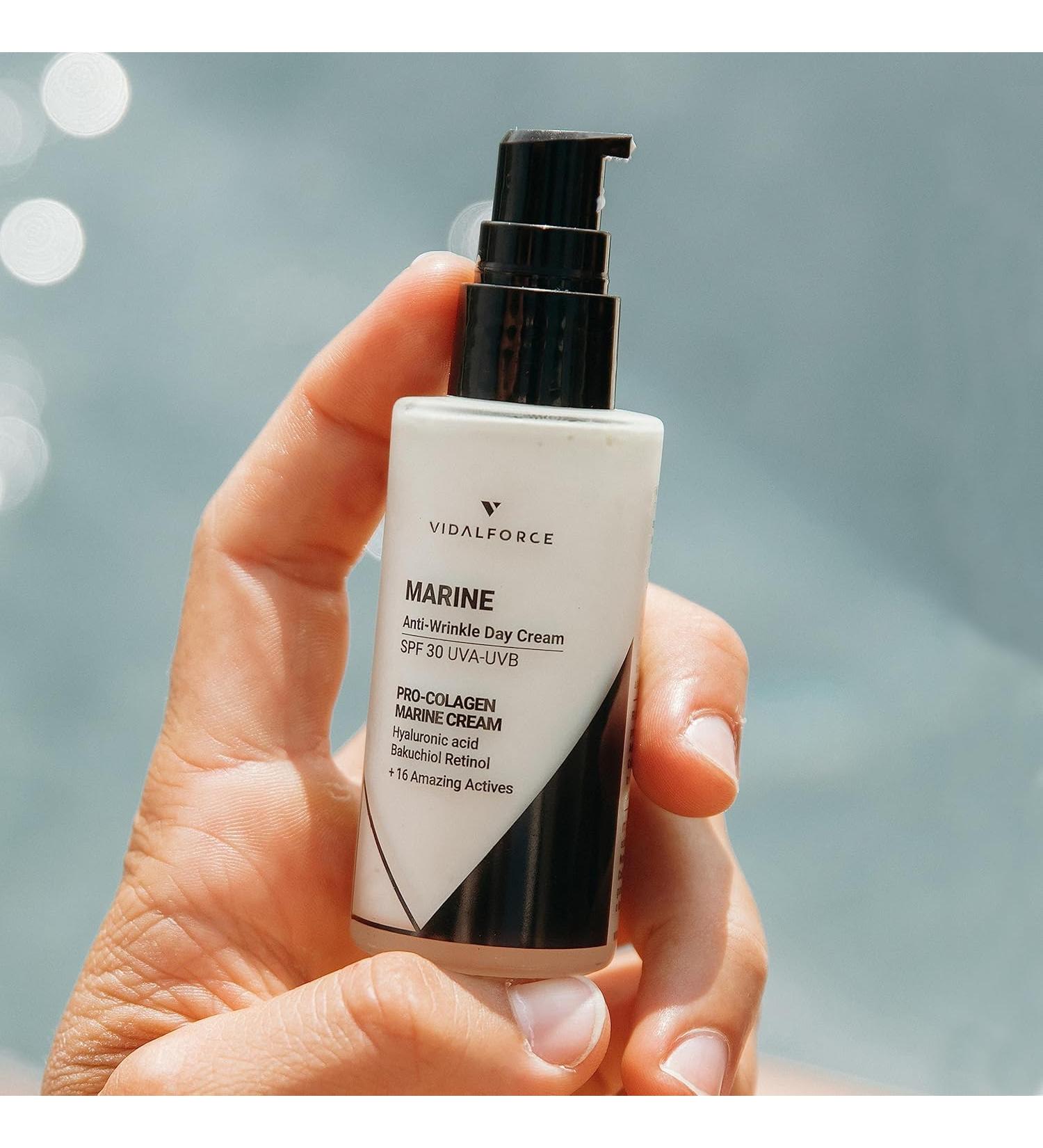 MARINE Super Fluid Anti-Wrinkle Cream for Women and Men with 30 SPF UVA/UVB and Blue Light Sunscreen with Marine Collagen I 3 Hyaluronic Acids I Retinol I Ceramides or Bakuchiol 50ml - Buy Online on GoSupps.com