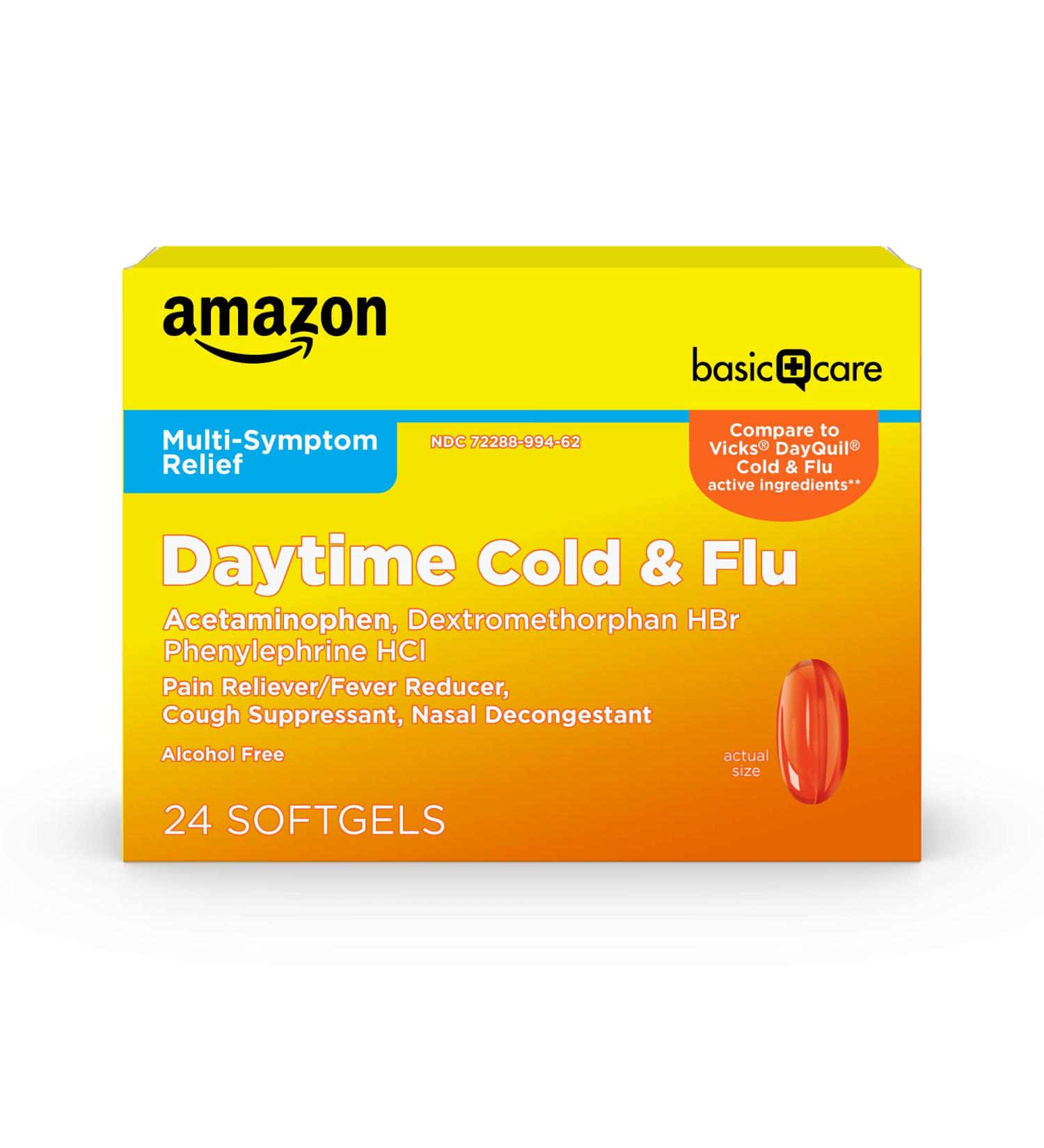 Amazon Basic Care Daytime Cold and Flu Relief Softgels, Non-Drowsy Cold Medicine, Relief of Pain, Fever, Cough, Sore Throat, Nasal Congestion, 24 Count - Buy Online on GoSupps.com