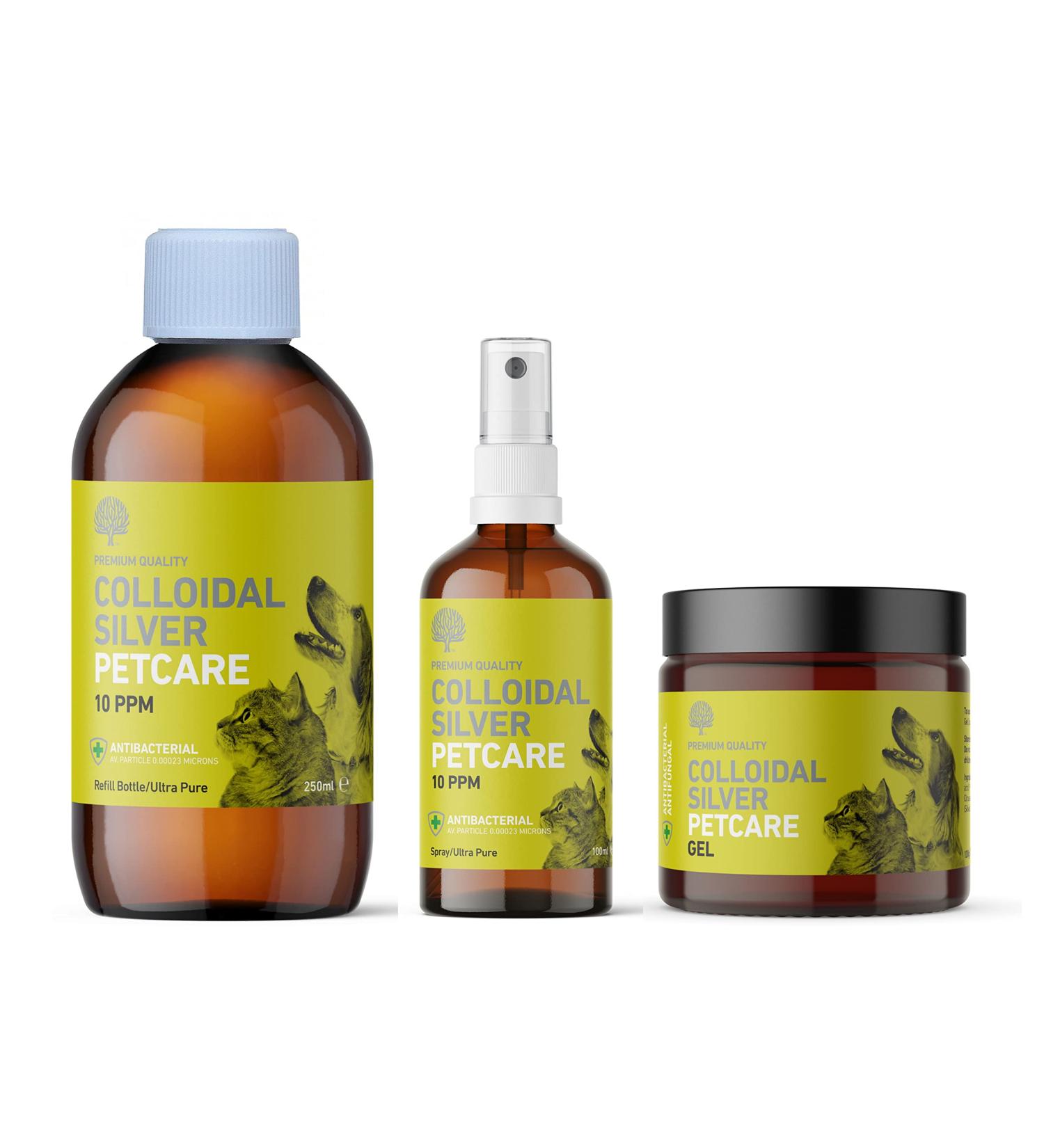 Colloidal Silver Petcare Essentials Kit - Antibacterial 10ppm Solution for Pets - 250ml Bottle, 100ml Spray, 100g Gel - Buy Online on GoSupps.com