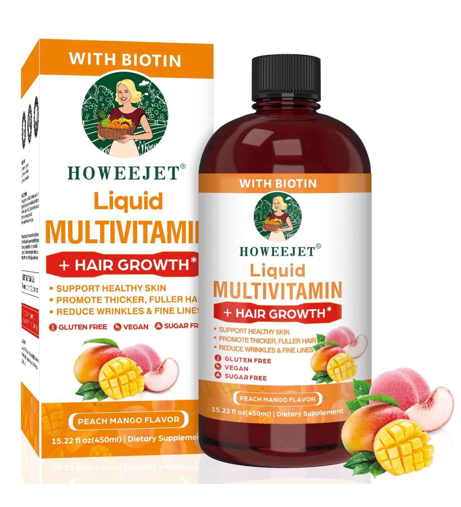 Liquid Multivitamin for Hair Growth | Biotin 10000mcg | Hair & Skin Support Supplement | Clinically Tested for Thicker Hair & Skin Elasticity | Suitable for Women & Men, Ages 18+ | 15.22 Fl Oz (1) - Buy Online on GoSupps.com