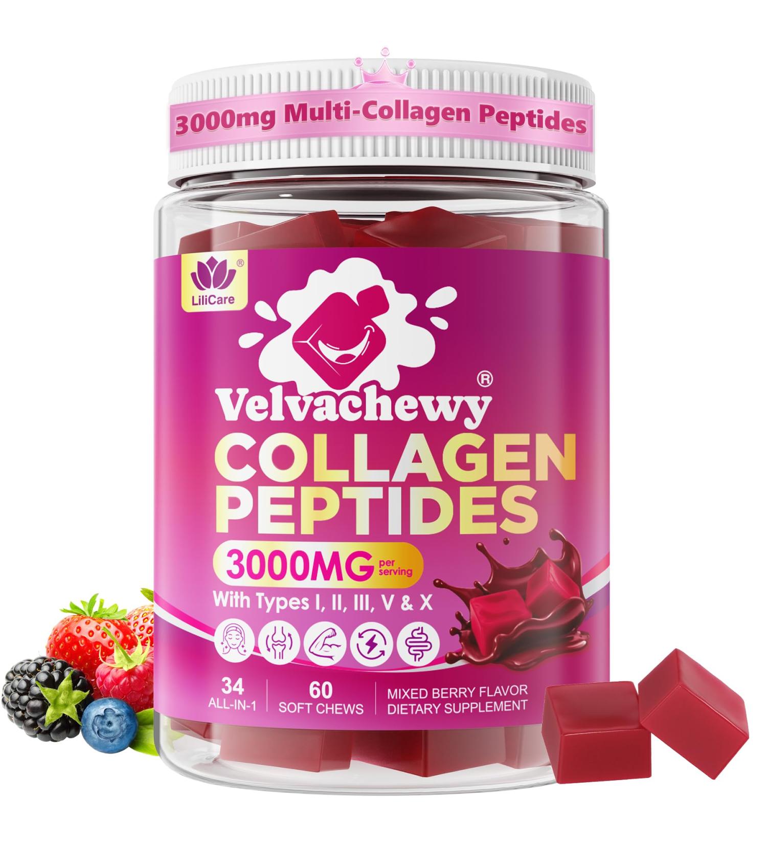 Collagen Gummies + Biotin Soft Chews 3000mg for Women & Men Ultra Hydrolyzed Collagen Peptides Boosting Type I II III V X Vitamin C E Anti-Aging Formula for Hair Skin & Nails Digestion Bone 60Ct - Buy Online on GoSupps.com
