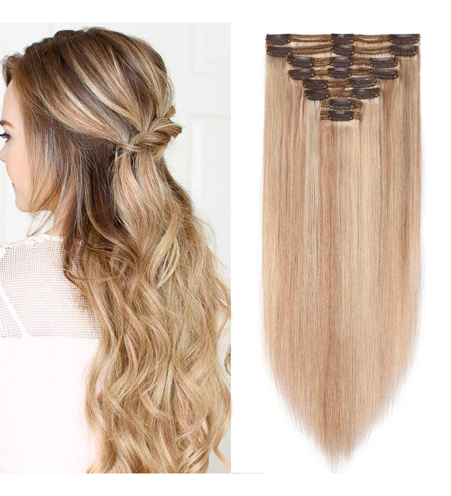 Clip-in real hair extensions double 8-piece set Remy hair honey blonde/ light blonde #18p613 12 inches (30 cm) 115 g - Buy Online on GoSupps.com
