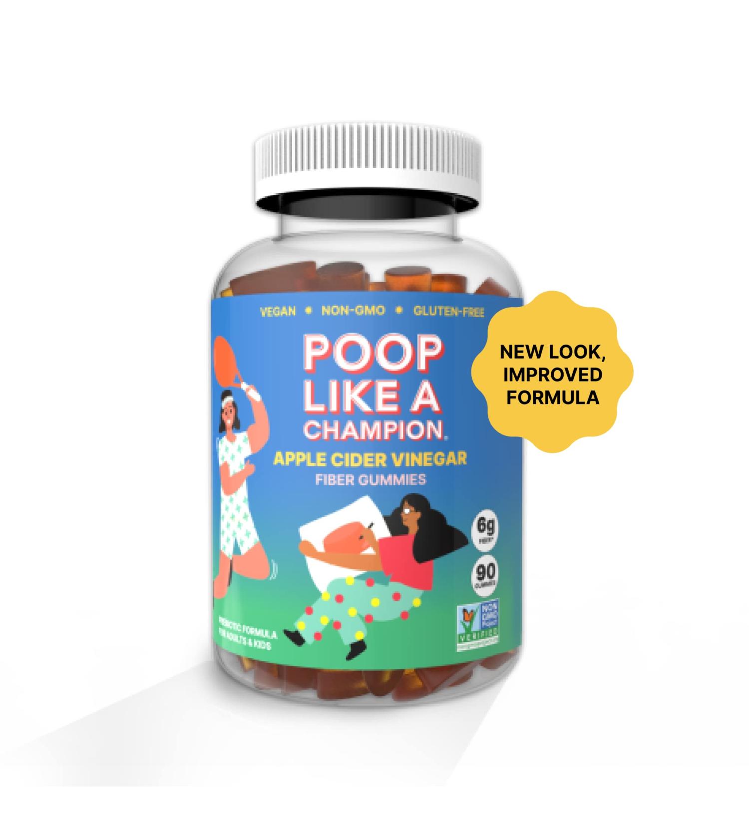 Poop Like a Champion Apple Cider Vinegar Fiber Gummies - High Fiber Snacks for Constipation Relief | Vegan | 90 Count - Buy Online on GoSupps.com