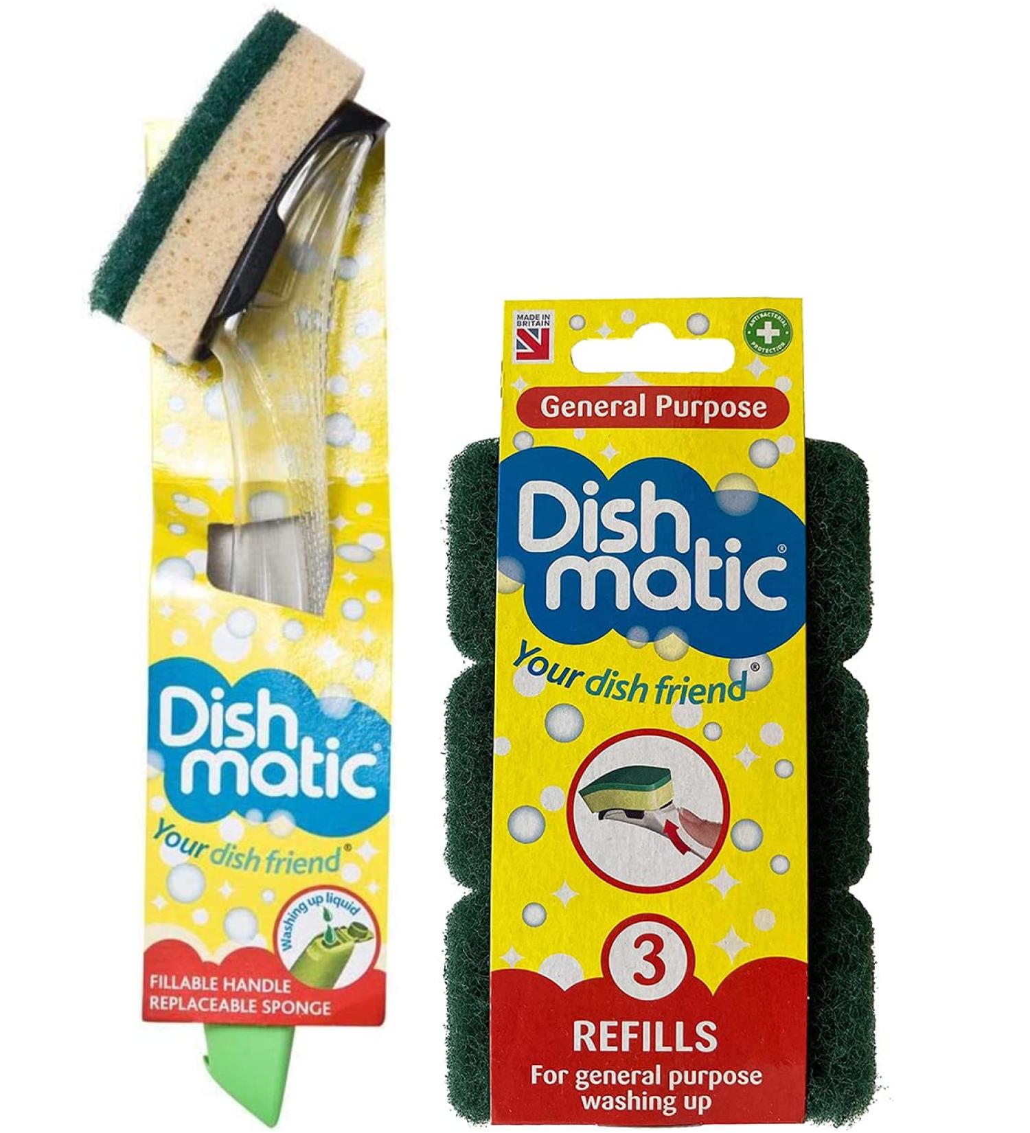 Dishmatic Fillable Washing up Brush and Sponge with 3X Refills - Easy Grip Dish Cleaner + Bonus - General Purpose Dishmatic Brush - Buy Online on GoSupps.com