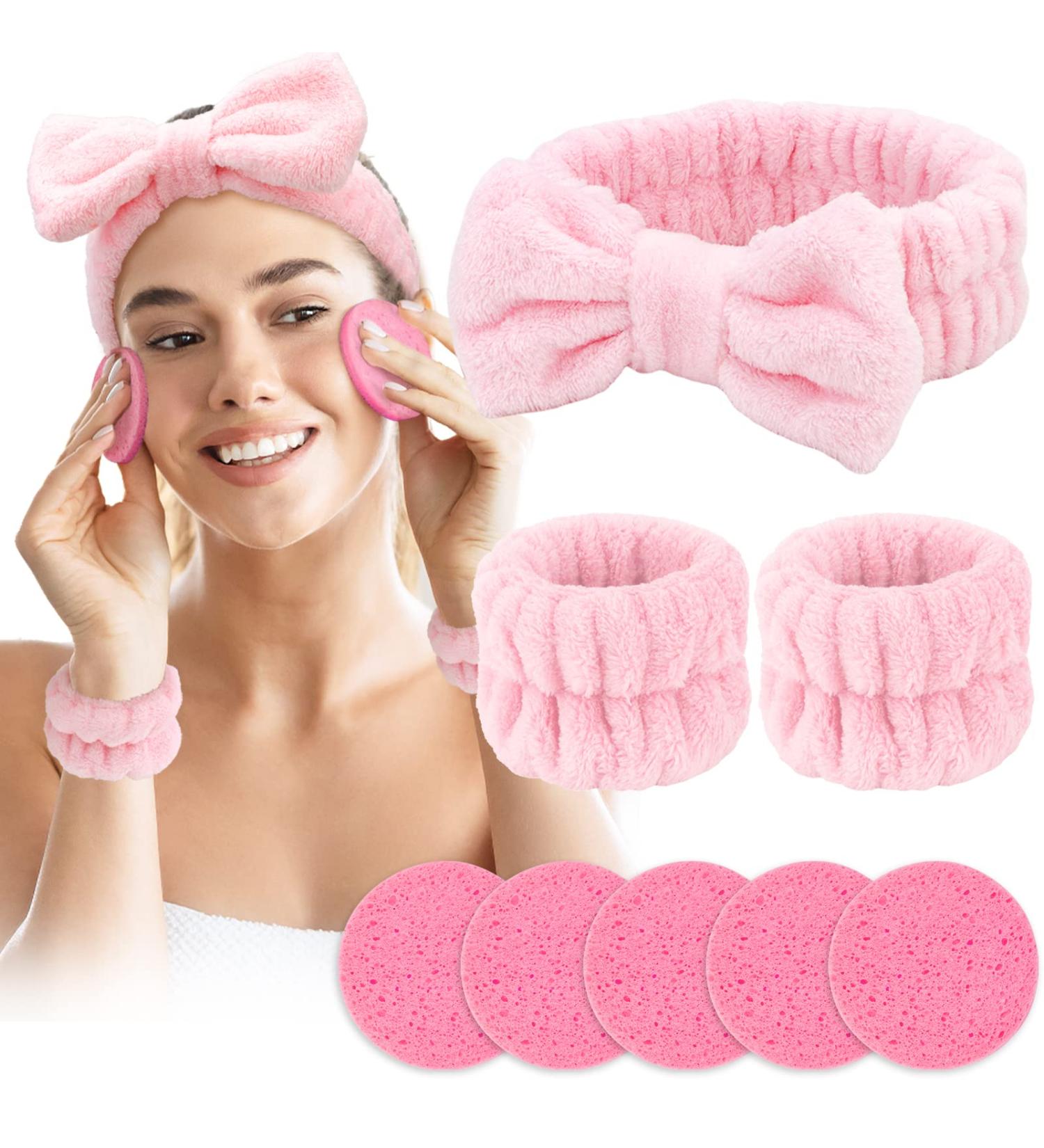 WHAVEL 3PCS Spa Headband and Wristband Set with 5PCS Facial Sponges - Pink | Facial Skincare Headbands and Wrist Towels for Makeup and Face Washing - Buy Online on GoSupps.com