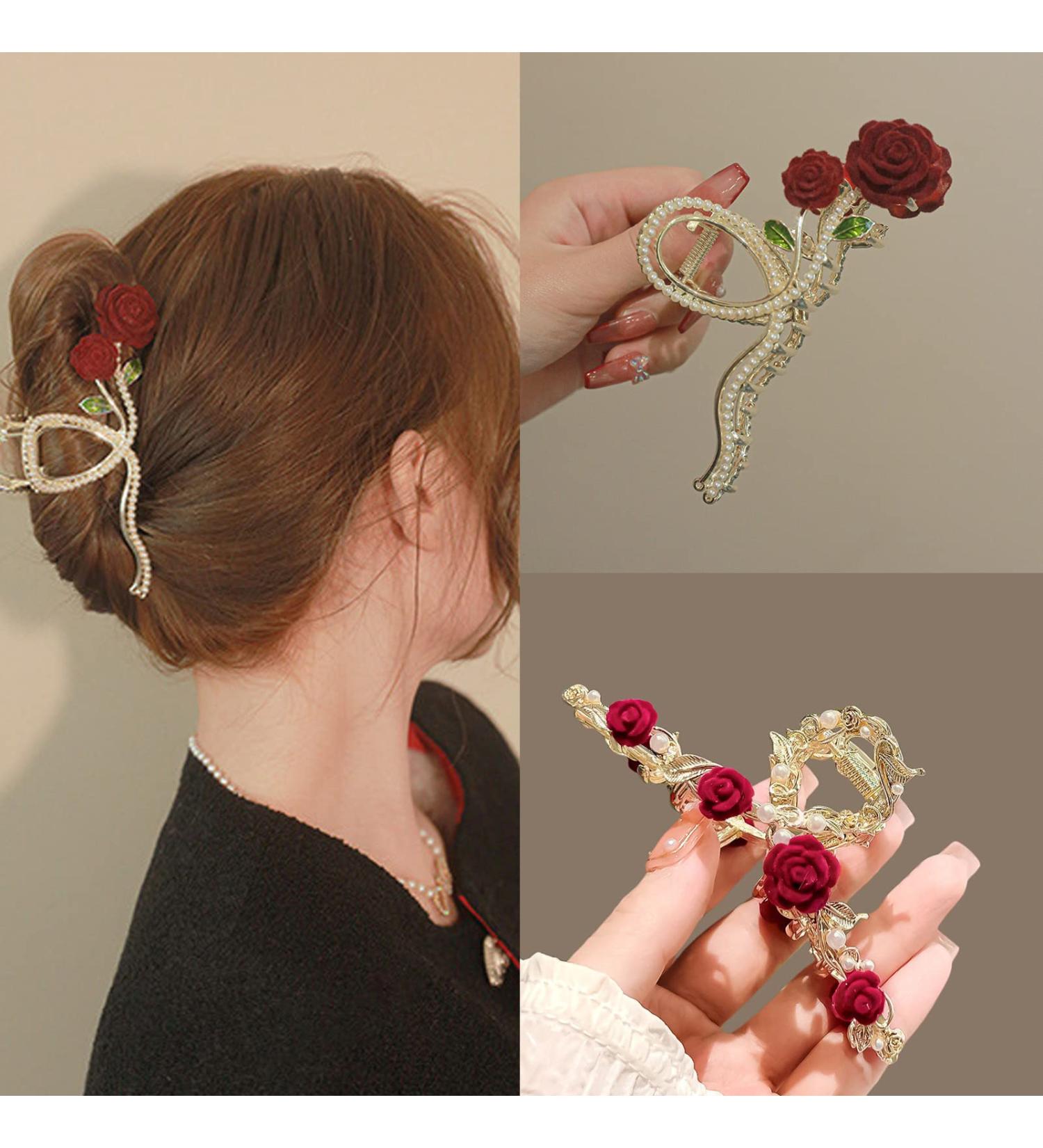 Metal Velvet Rose Hair Clips - 2PCS Non-Slip Flower Pearl Hairpin Set for Women & Girls - Buy Online on GoSupps.com