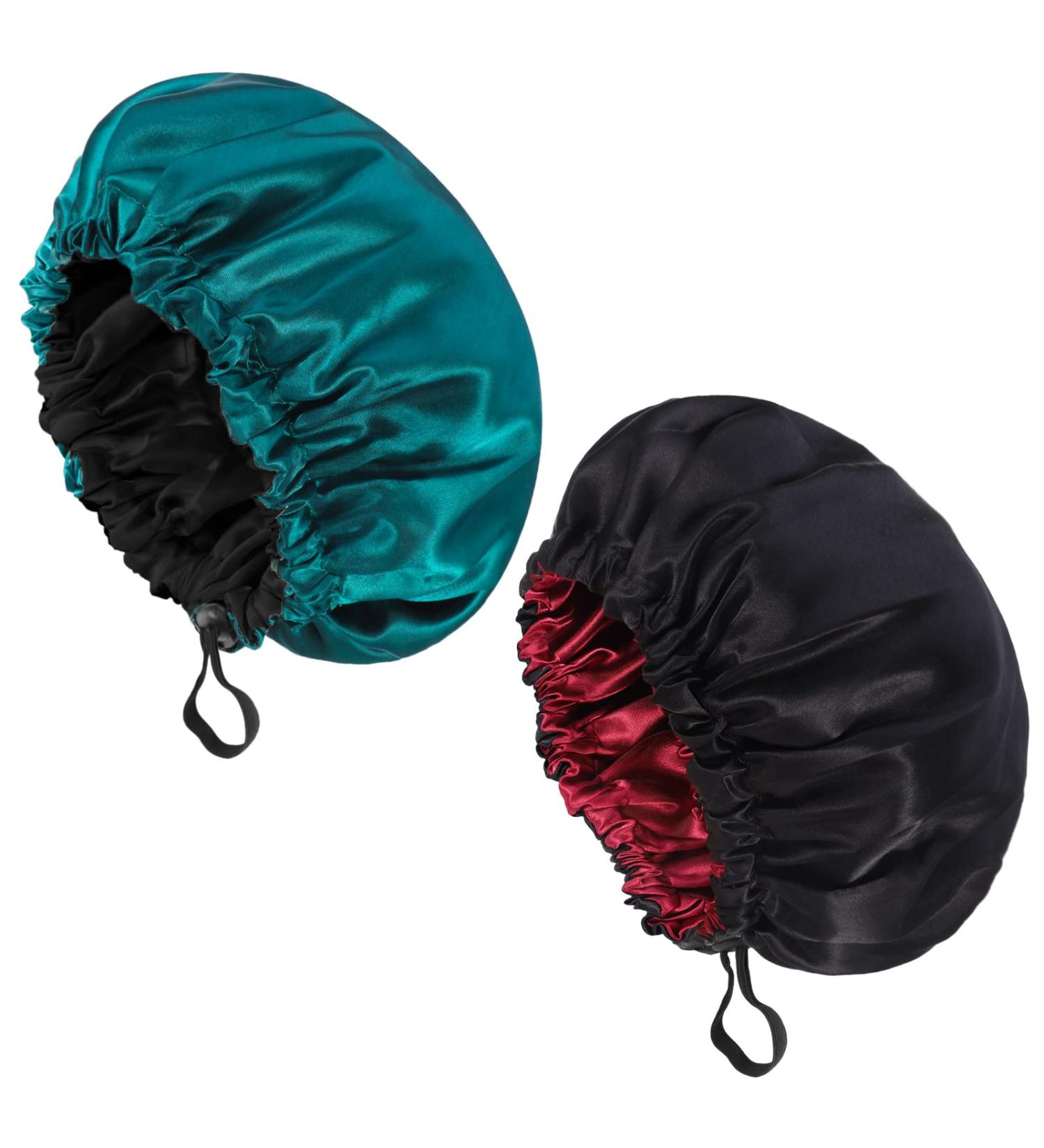 Fuyamp 2 Packs Satin Sleep Cap Adjustable Silky Sleep Bonnet for Women Long Curly Hair Double-Sided Waterproof Satin Hair Cap Extra Large Sleep Satin Bonnet for Women Girls Sleeping Red+Lake Green - Buy Online on GoSupps.com