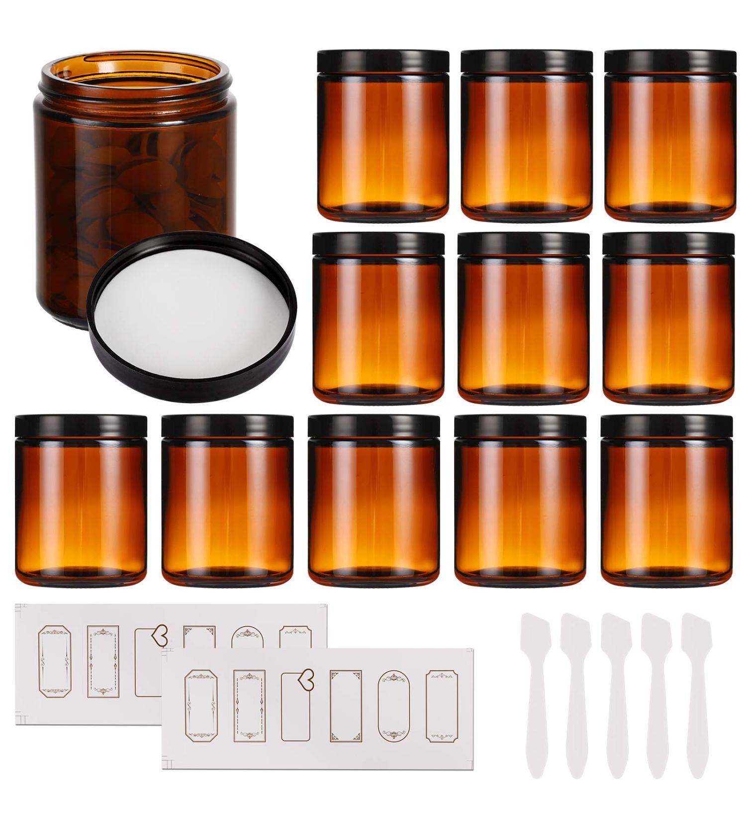 12 Pack 8 oz Amber Glass Jars with Lids - Round Empty Containers for Scrubs, Lotions, Cosmetics - Travel Storage Jar Set with White Liners, Black Lids, Labels, and Spatulas - Buy Online on GoSupps.com