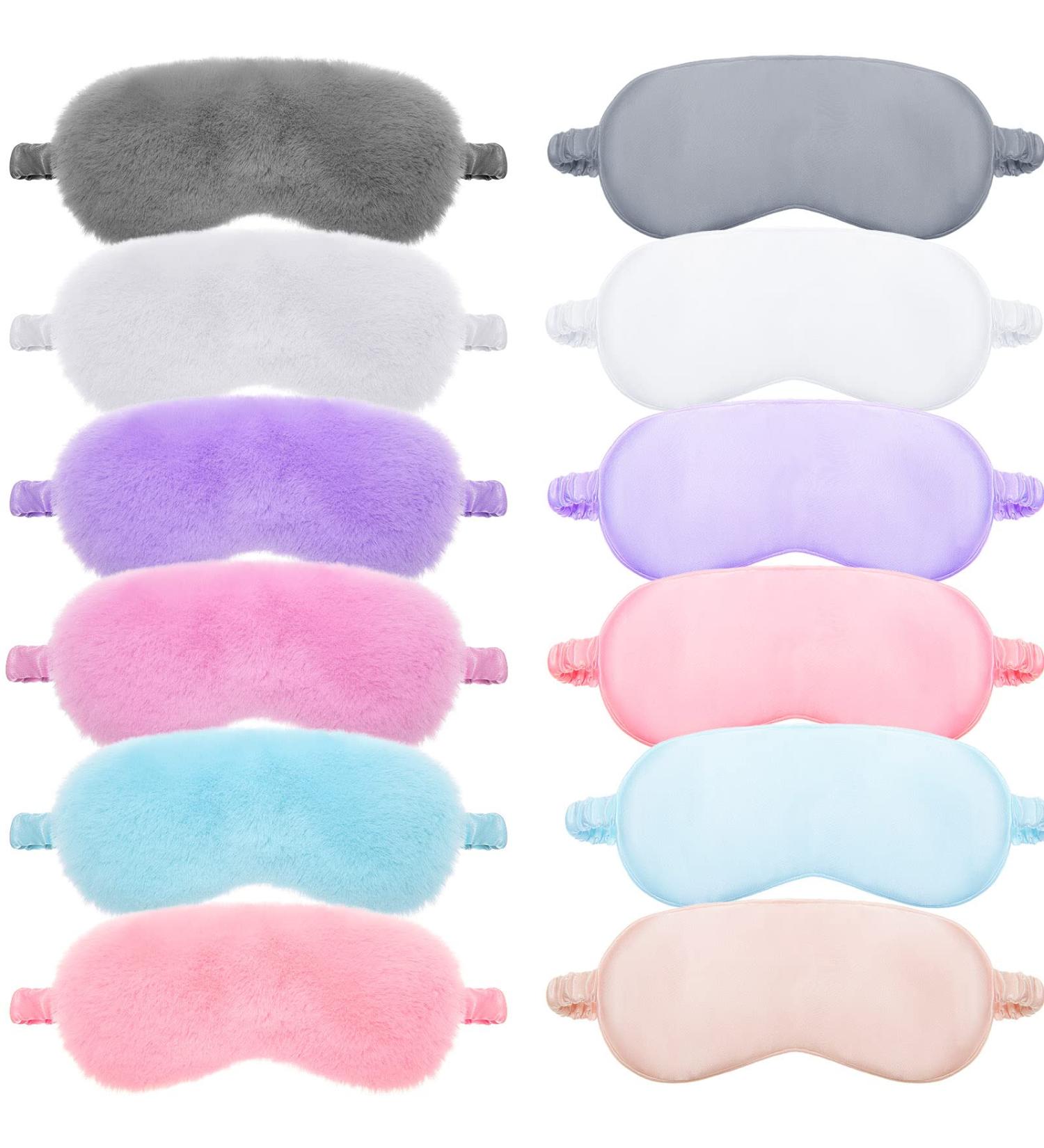12 Pcs Sleeping Mask Set - Plush and Silk Eye Covers for Sleepover - Adjustable Blindfolds for Men and Women - Light Color - Buy Online on GoSupps.com