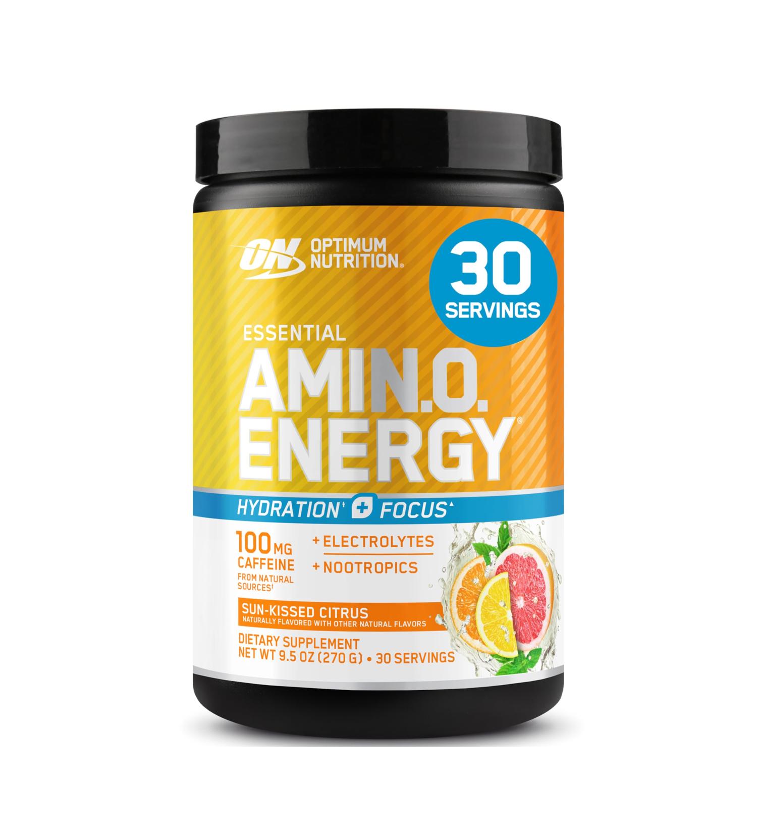 Optimum Nutrition Amino Energy Powder Plus Focus with BCAA Electrolytes and Caffeine Sunkissed Citrus 30 Servings (Packaging May Vary) - Buy Online on GoSupps.com
