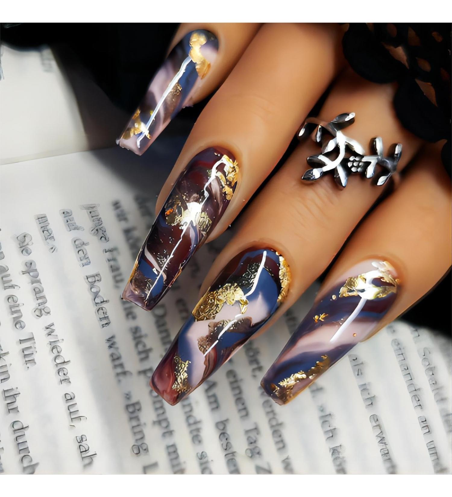 Shop Long Coffin Press on Nails - Brown Ombre Marble Glitter Fake Nails | 24Pcs Acrylic Glue-on Nails for Women & Girls - Buy Online on GoSupps.com