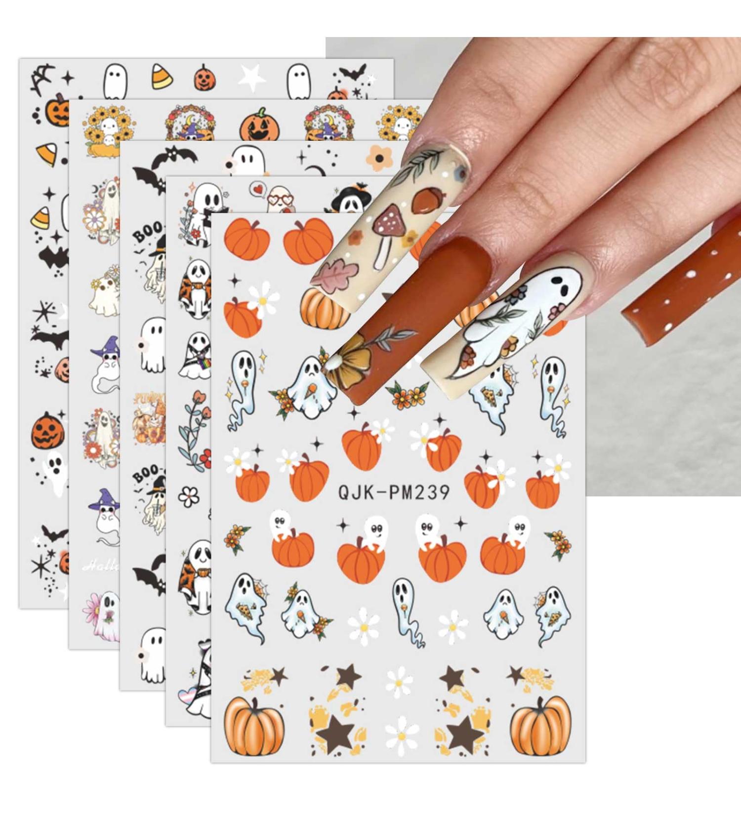 JMEOWIO 9 Sheets Halloween Nail Art Stickers Decals Self-Adhesive Cute Ghost White Flower Pumpkin Nail Supplies Nail Art Design Decoration Accessories - Buy Online on GoSupps.com