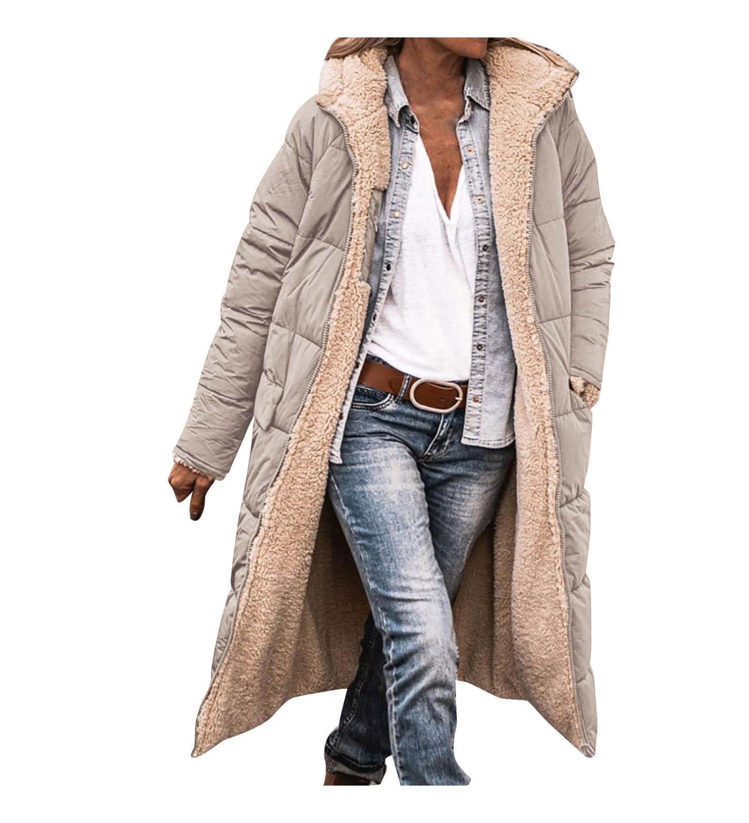 Hanxiulin Women's Oversized Plush Hoodie Jacket - Windproof Fleece Winter Coat with Art Fur Khaki L - Buy Online on GoSupps.com
