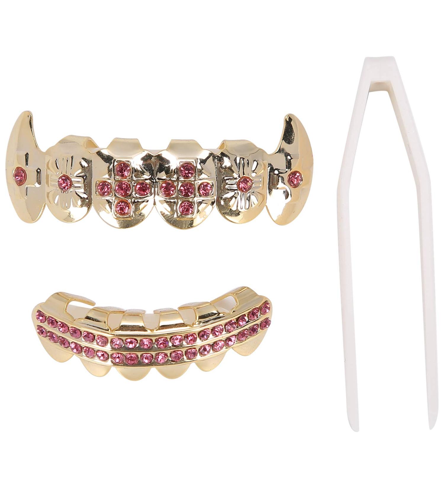 Gold Braces Set - Custom Fit Hip Hop & Punk Teeth Grillz | Metal Decoration Jewelry for Oral Care (Pink) - Buy Online on GoSupps.com