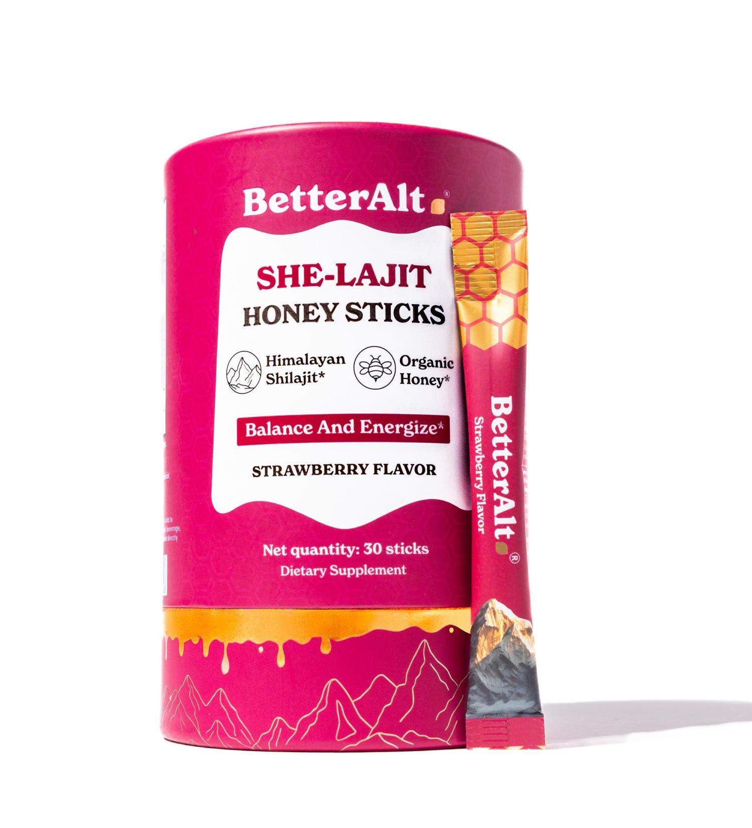 BetterAlt SHE-Lajit Strawberry Honeysticks|Shilajit for Women with Shatavari & Saffron for hormonal Balance & Energy Boost|Tasty Shilajit Honeysticks with Goodness of Pure Himalayan Shilajit|30 Sticks She-Lajit Honeysticks - Buy Online on GoSupps.com