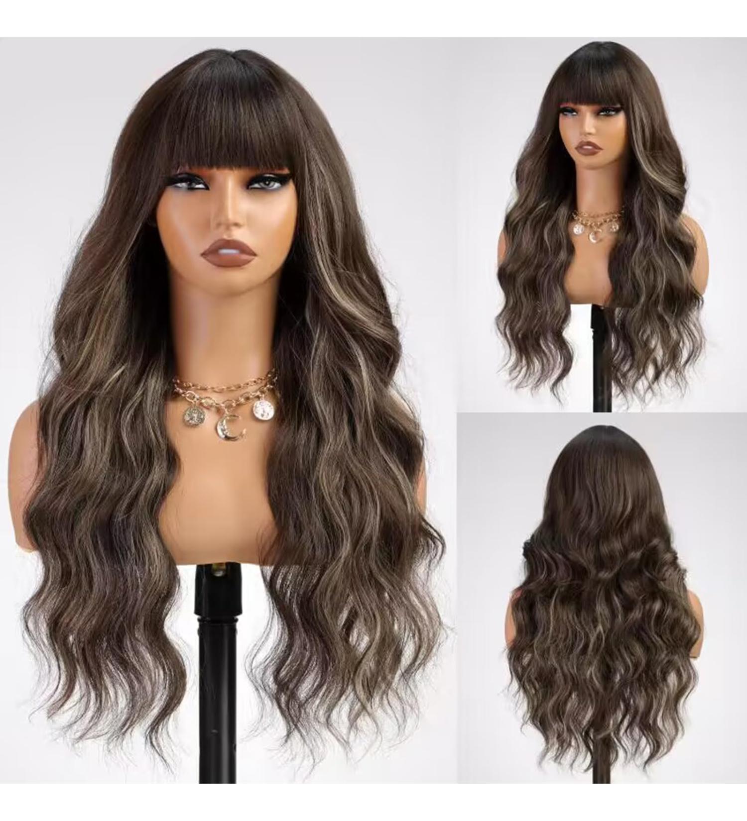 Emmor Ash Brown Highlight Wigs with Pony Curious Synthetic Women's Points long heat-resistant wig for everyday use natural and conveniently ash brown strands-A