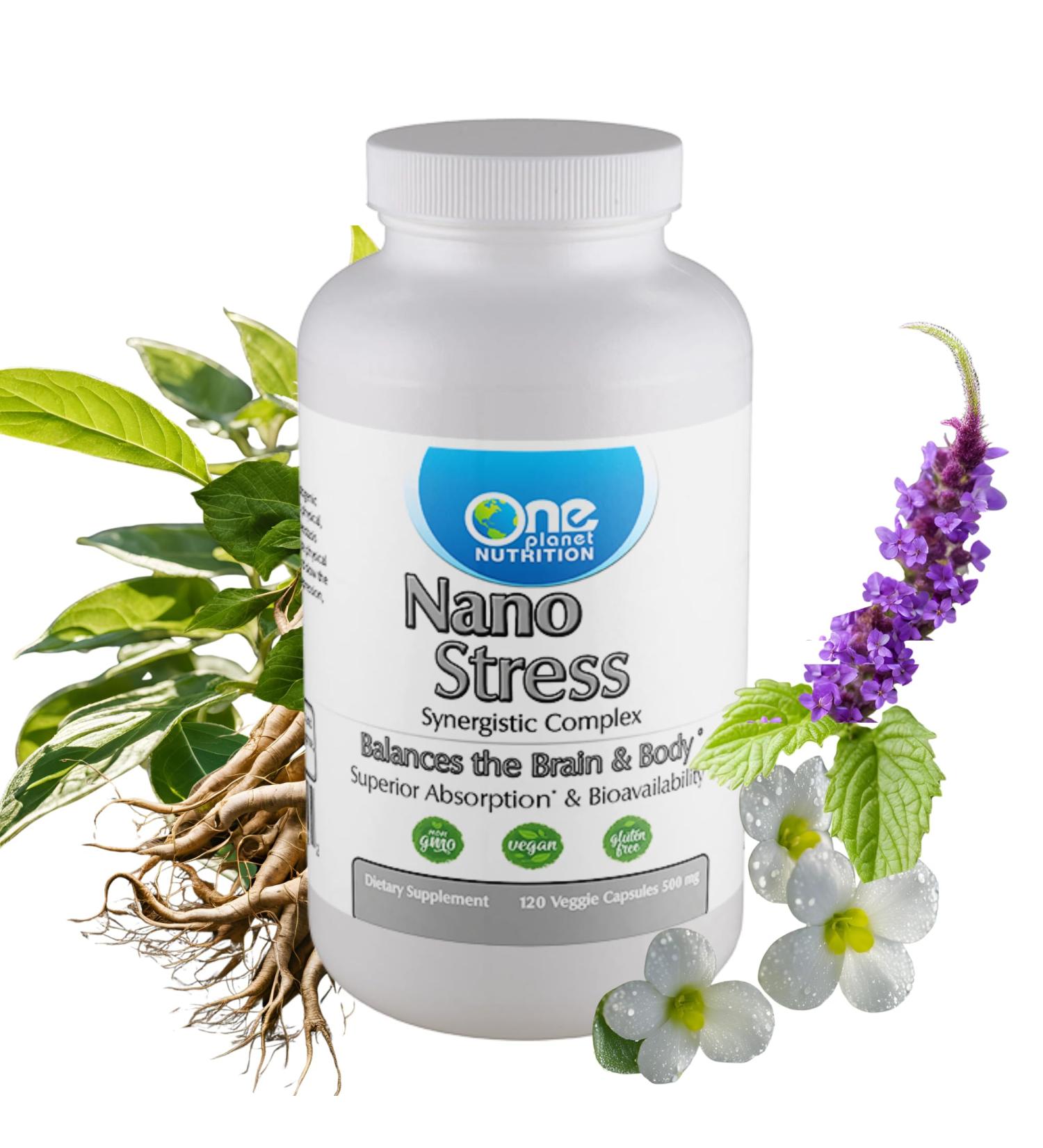 One Planet Nutrition Nano Stress 500 mg Veggie Capsules (120 Servings) Nano Adaptogenic Blend Vegan Non-GMO Gluten-Free - Buy Online on GoSupps.com
