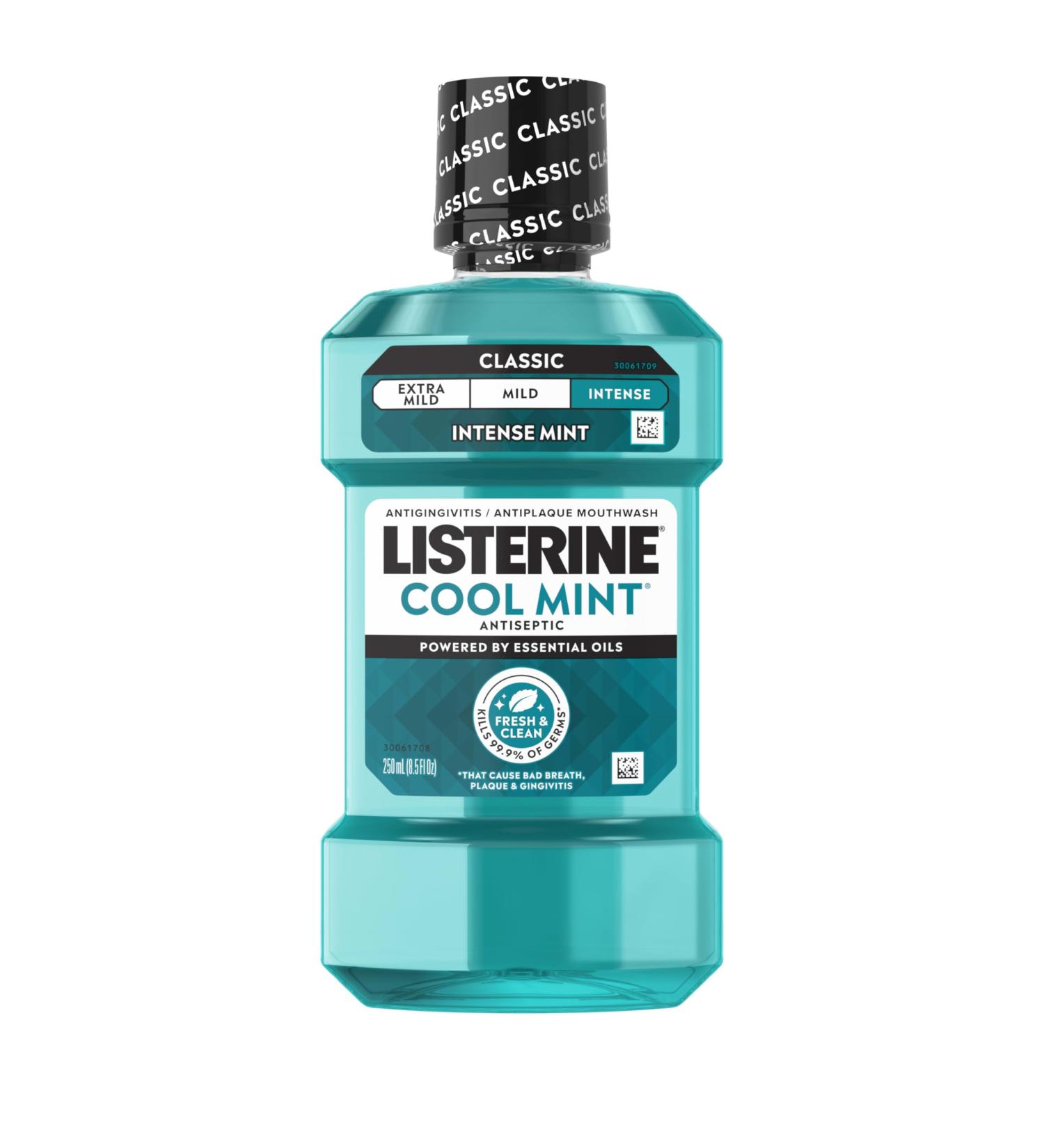 Listerine Cool Mint Intense Antiseptic Mouthwash Daily Oral Rinse Kills 99.9% of Germs That Cause Bad Breath Plaque and Gingivitis. for a Fresh Clean Mouth Intense Mint Flavor 250 mL/ 8.5 Fl.Oz. Cool Mint 8.5 Fl Oz (Pa  - Buy Online on GoSupps.com