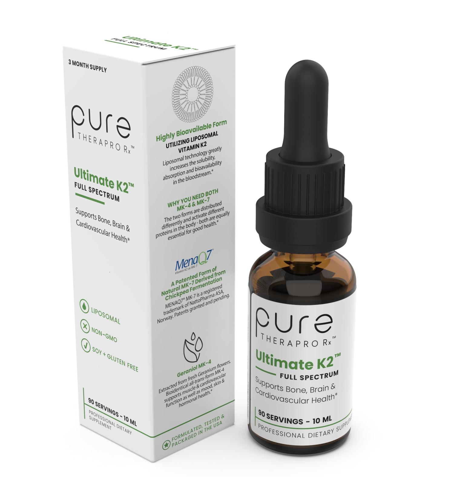 Pure TheraPro Rx Ultimate K2 Supplement - 600mcg Vegan Liquid Liposomal Vitamin K2 Drops - Bone Health, Skin & Hair Support - 90 Servings - 10mL - Buy Online on GoSupps.com