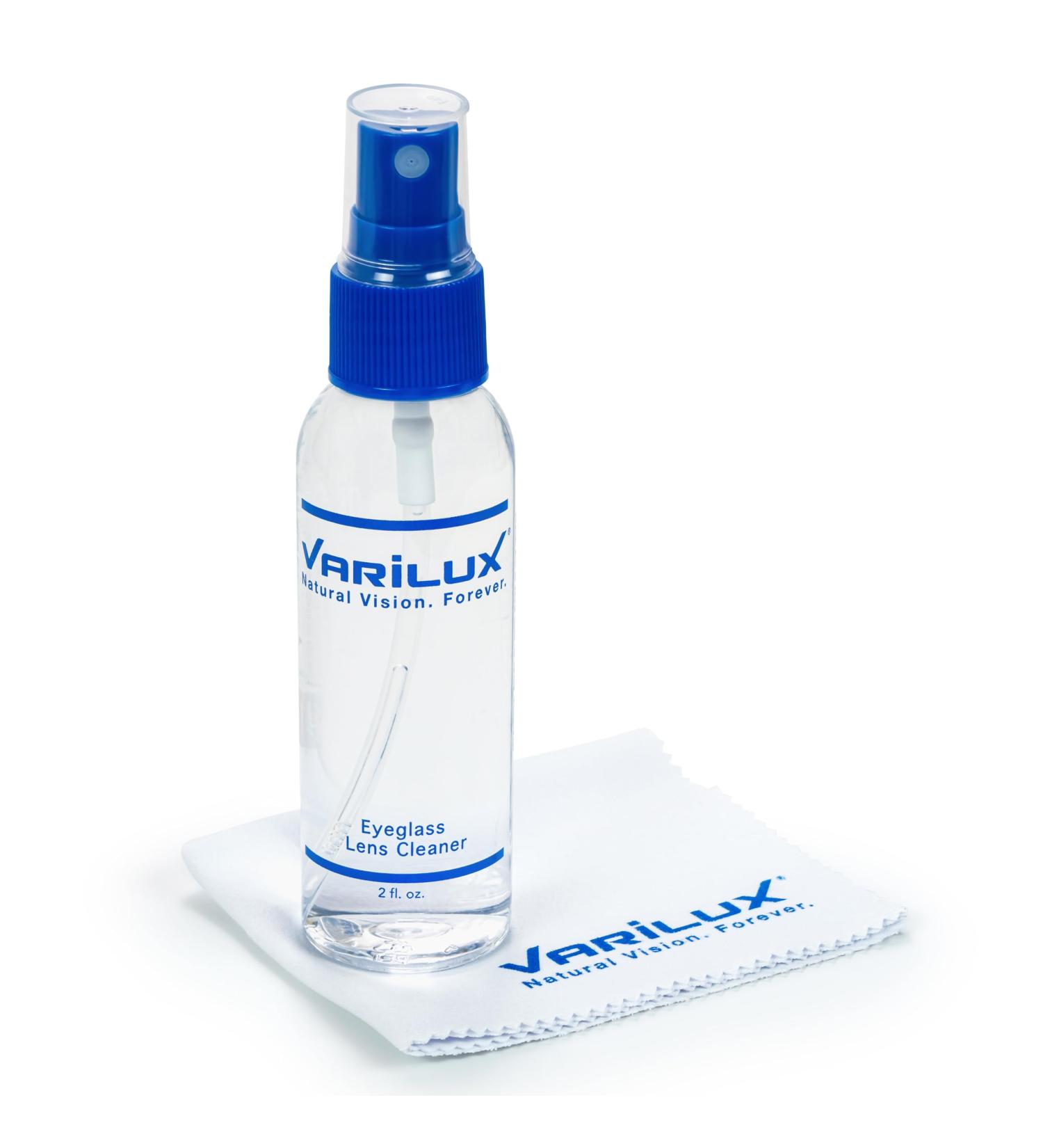 Eyeglass Lens Cleaner Spray Kit | Varilux Glasses Cleaner Bottle + Varilux 7" x 5 3/4" Microfiber Cloth | Doctor Recommended for Anti Reflective Lenses and Coating | Glasses Cleaning Kit